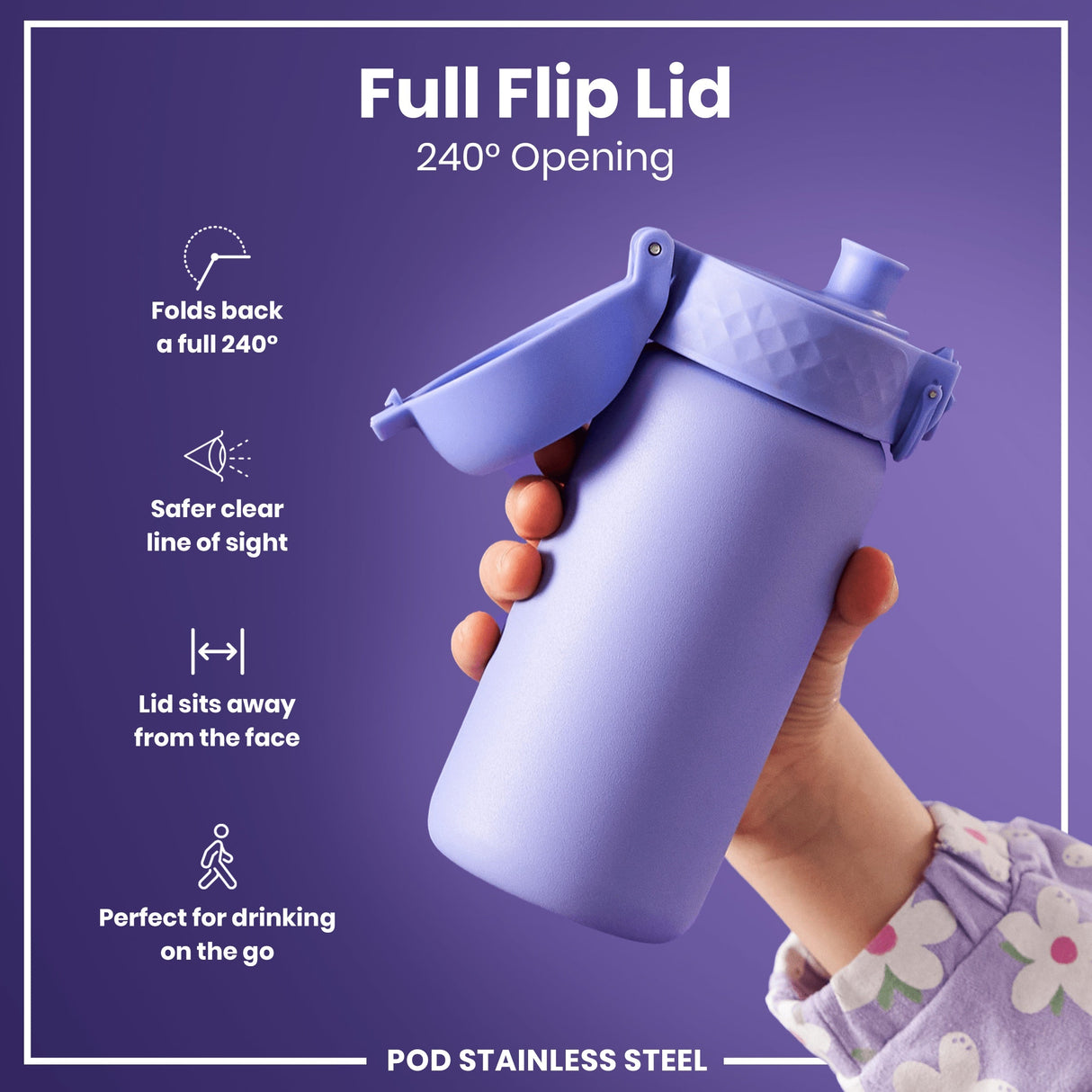 ION8 Leak Proof Kids Water Bottle, Stainless Steel, Light Purple, 400ml (13oz)