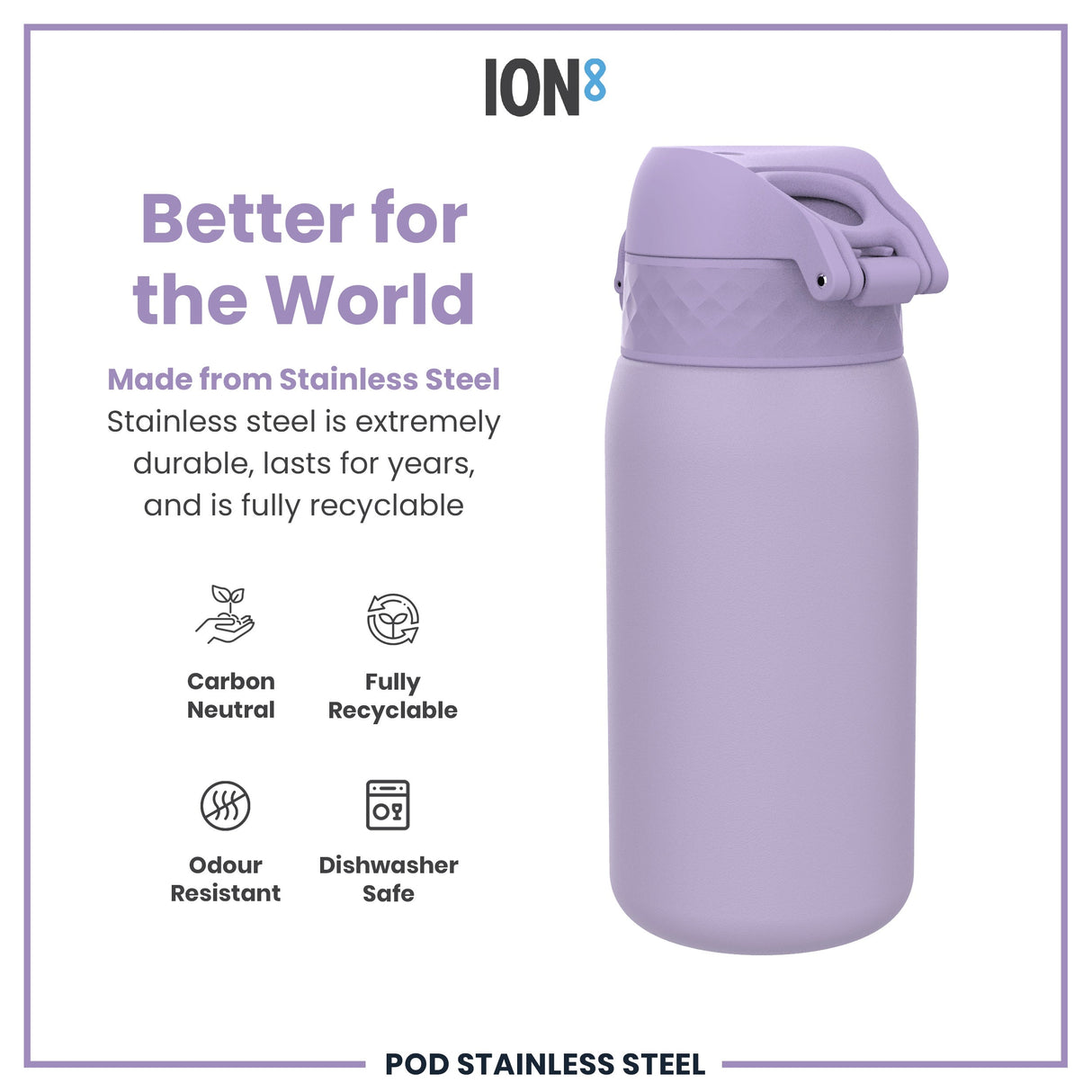 ION8 Leak Proof Kids Water Bottle, Stainless Steel, Light Purple, 400ml (13oz)
