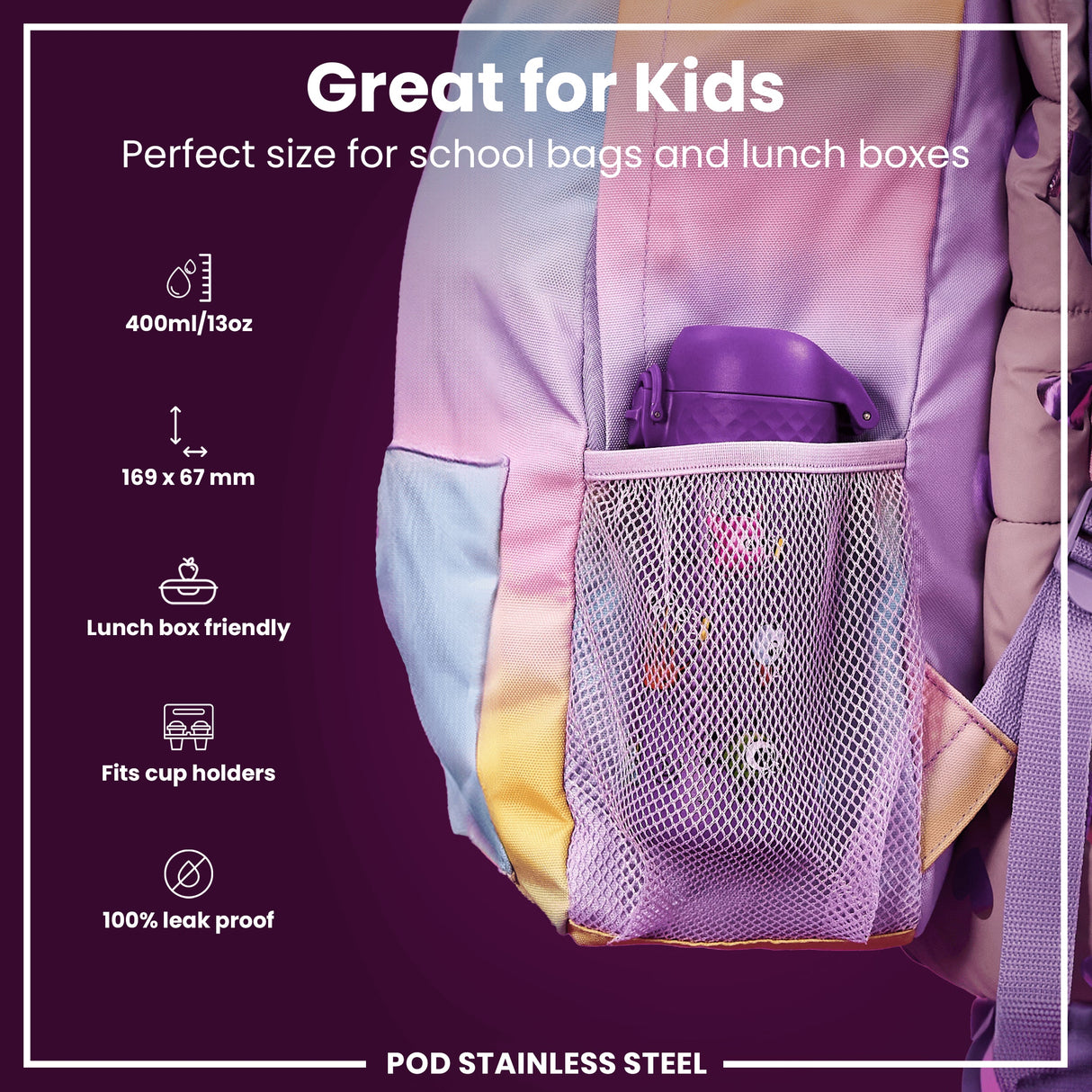 ION8 Leak Proof Kids Water Bottle, Stainless Steel, Aliens, 400ml (13oz)
