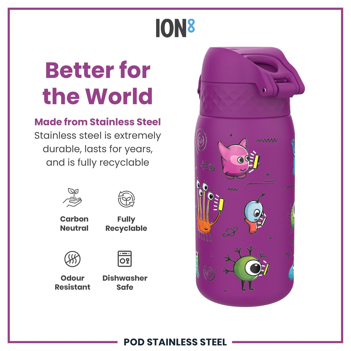 ION8 Leak Proof Kids Water Bottle, Stainless Steel, Aliens, 400ml (13oz)
