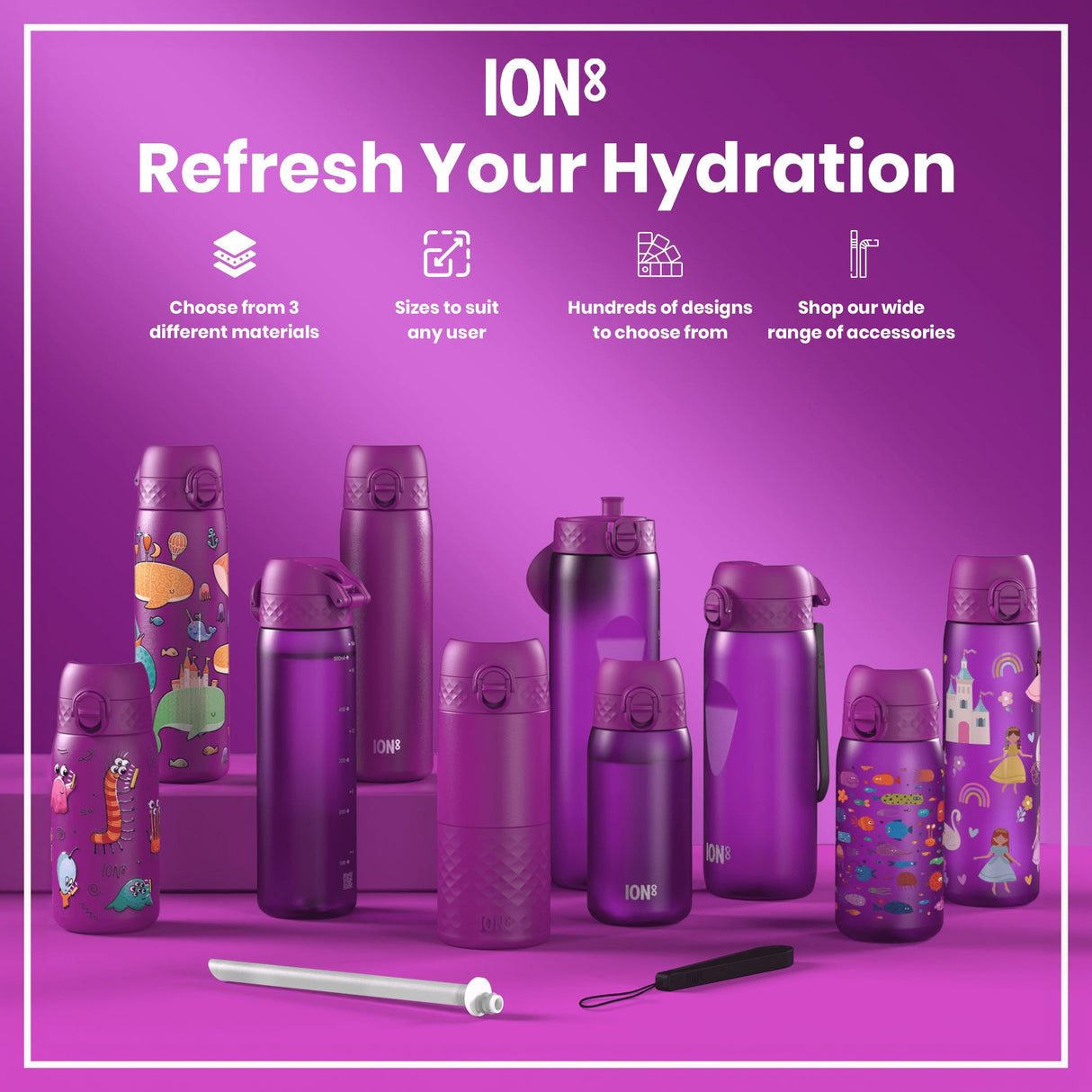 ION8 Leak Proof Kids Water Bottle, Stainless Steel, Aliens, 400ml (13oz)