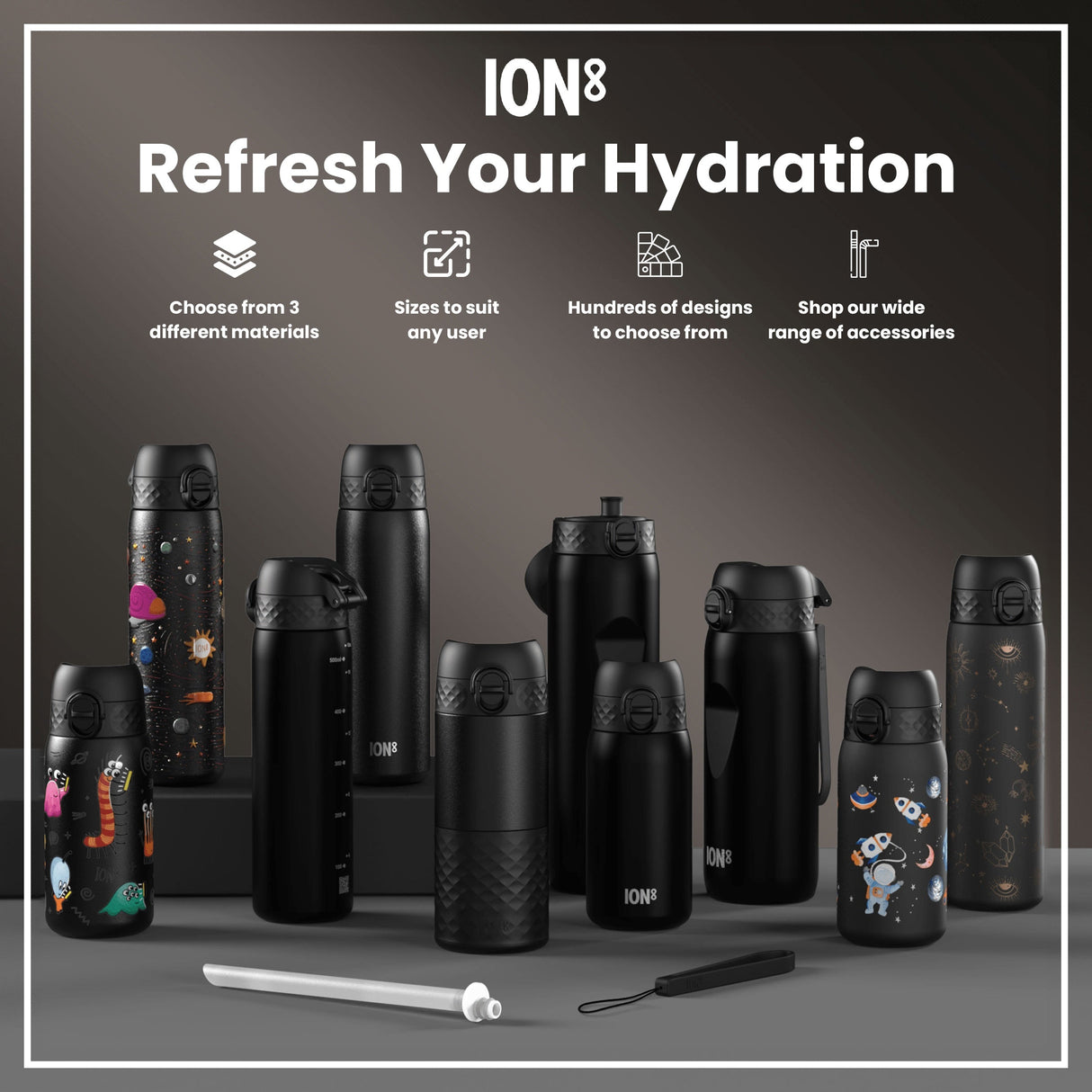 ION8 Leak Proof Slim Water Bottle, Stainless Steel, Spaceships, 600ml (20oz)