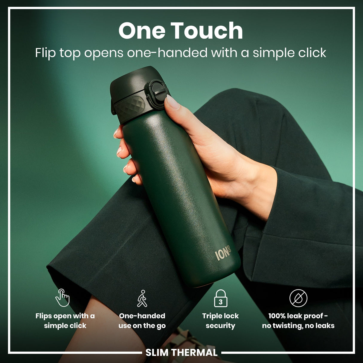 ION8 Leak Proof Slim Thermal Water Bottle, Insulated Steel, Dark Green, 500ml (17oz)