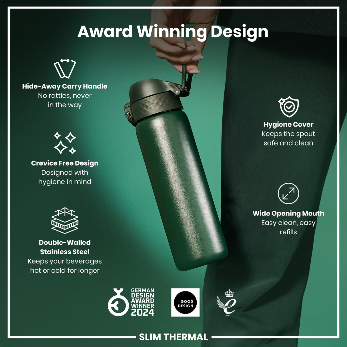 ION8 Leak Proof Slim Thermal Water Bottle, Insulated Steel, Dark Green, 500ml (17oz)