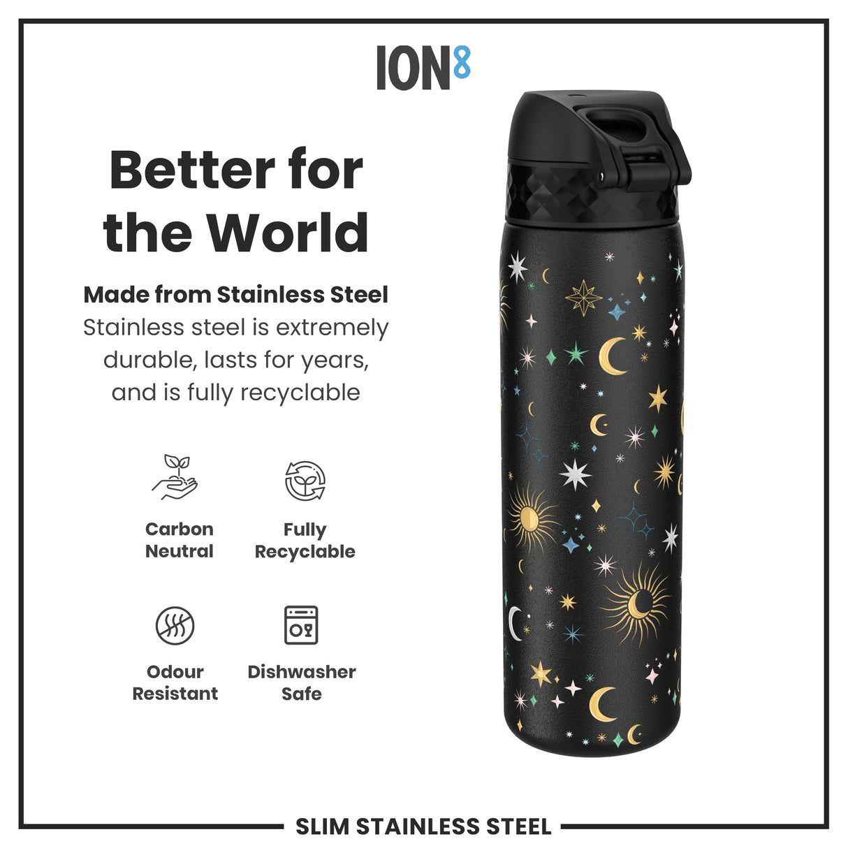 ION8 Leak Proof Slim Water Bottle, Stainless Steel, Celestial, 600ml (20oz)