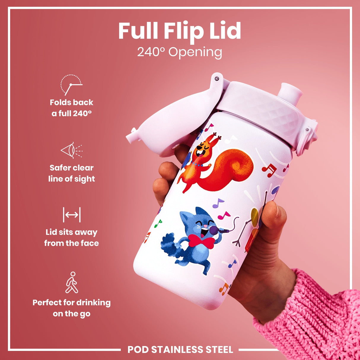 ION8 Leak Proof Kids Water Bottle, Stainless Steel, Animal Band, 400ml (13oz)