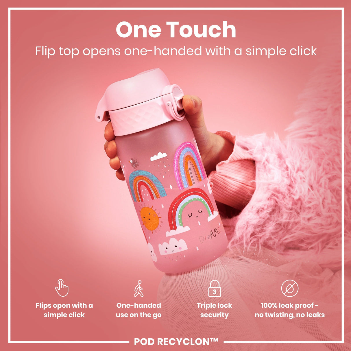 ION8 Leak Proof Kids Water Bottle, Recyclon, Rainbows, 350ml (12oz)