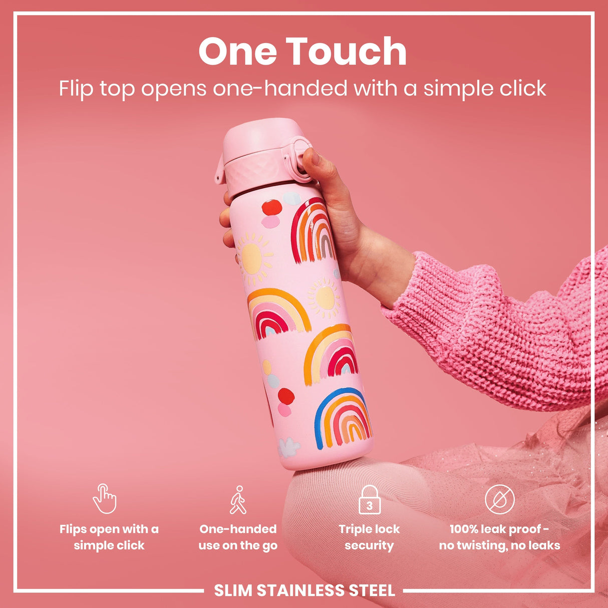 ION8 Leak Proof Slim Water Bottle, Stainless Steel, Rainbows, 600ml (20oz)