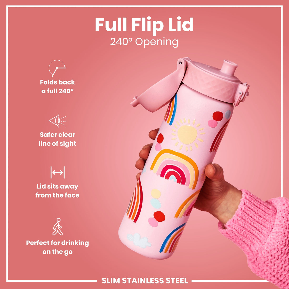 ION8 Leak Proof Slim Water Bottle, Stainless Steel, Rainbows, 600ml (20oz)