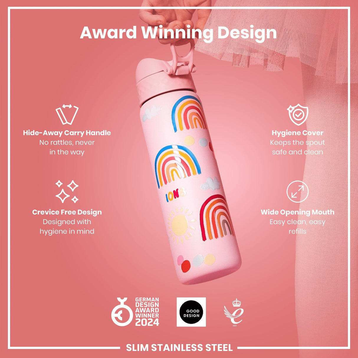 ION8 Leak Proof Slim Water Bottle, Stainless Steel, Rainbows, 600ml (20oz)