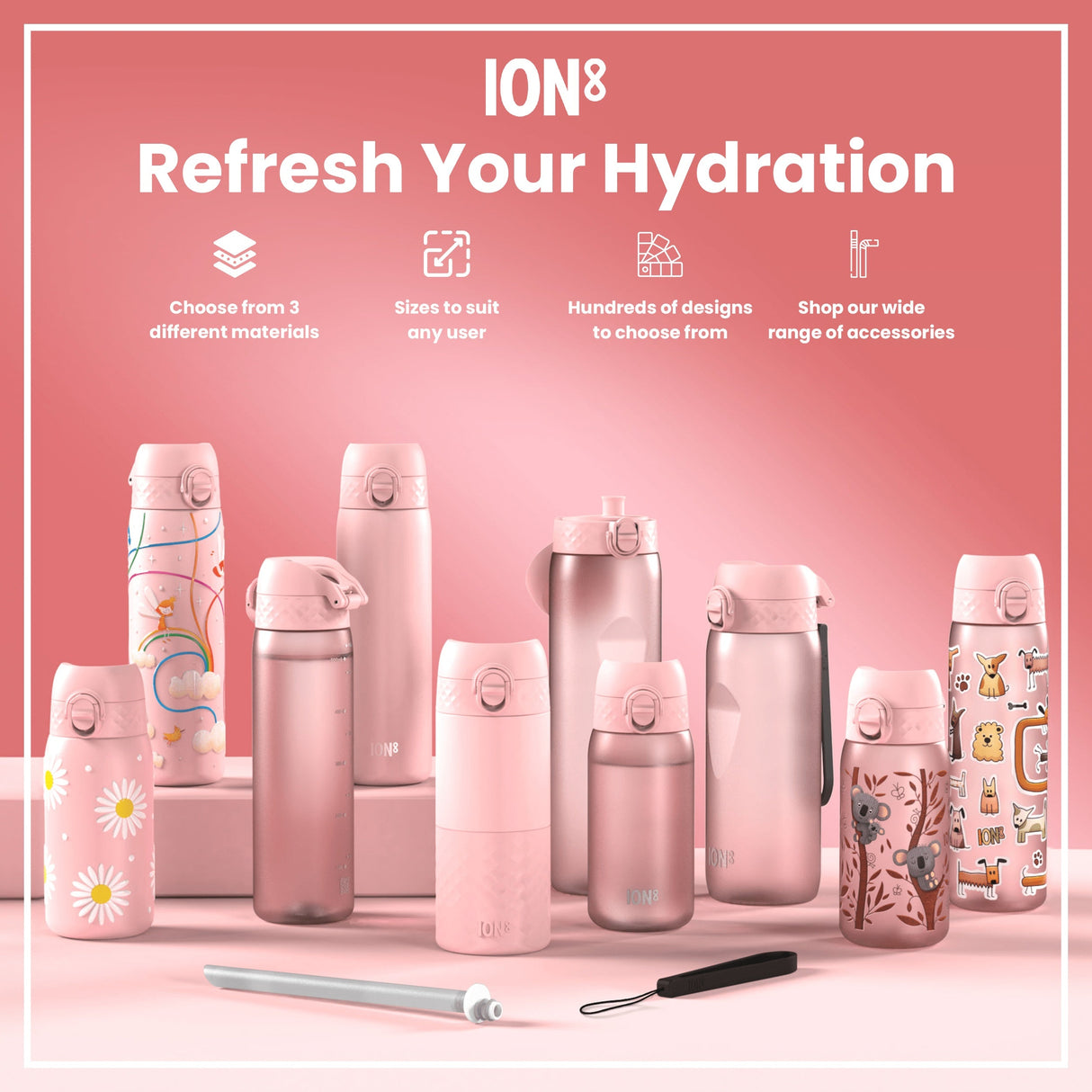ION8 Leak Proof Slim Water Bottle, Stainless Steel, Rainbows, 600ml (20oz)