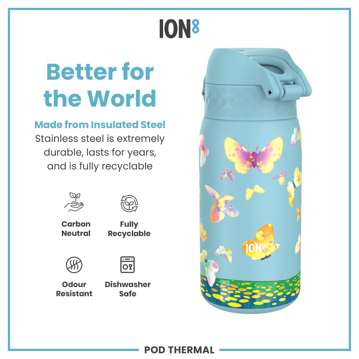 ION8 Leak Proof Thermal Steel Water Bottle, Insulated, Butterfly Catcher, 320ml (11oz)