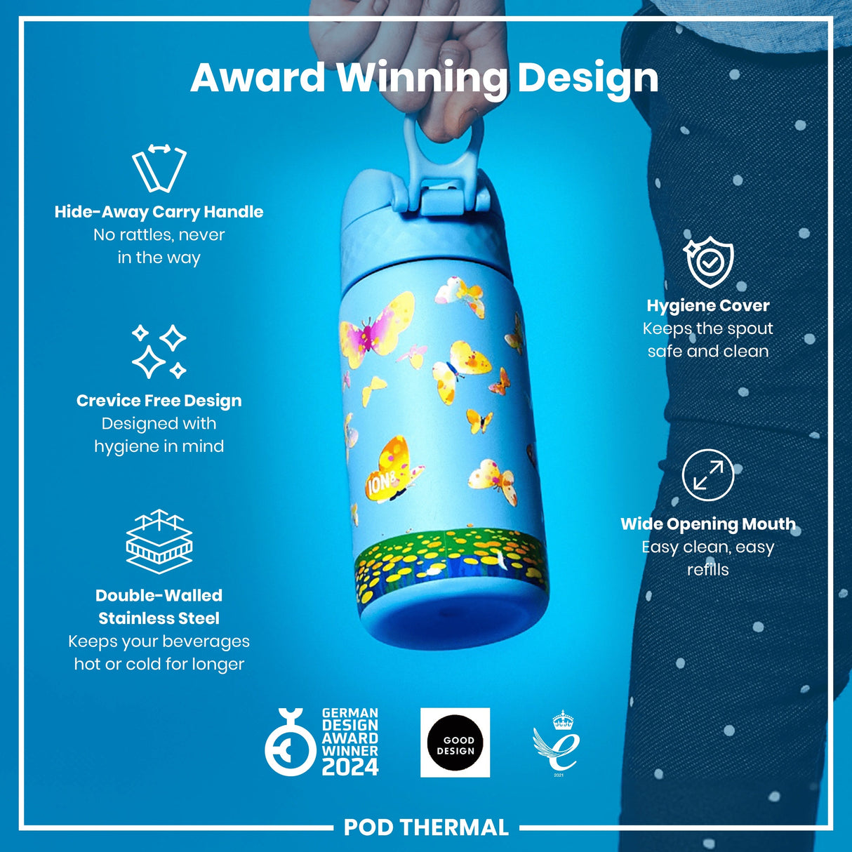 ION8 Leak Proof Thermal Steel Water Bottle, Insulated, Butterfly Catcher, 320ml (11oz)