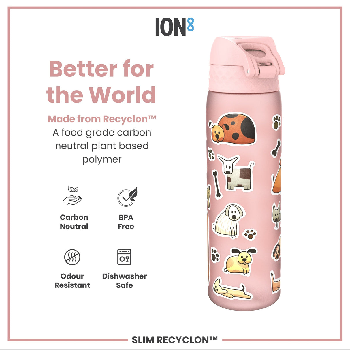 ION8 Leak Proof Slim Water Bottle, Recyclon, Dogs, 500ml (18oz)
