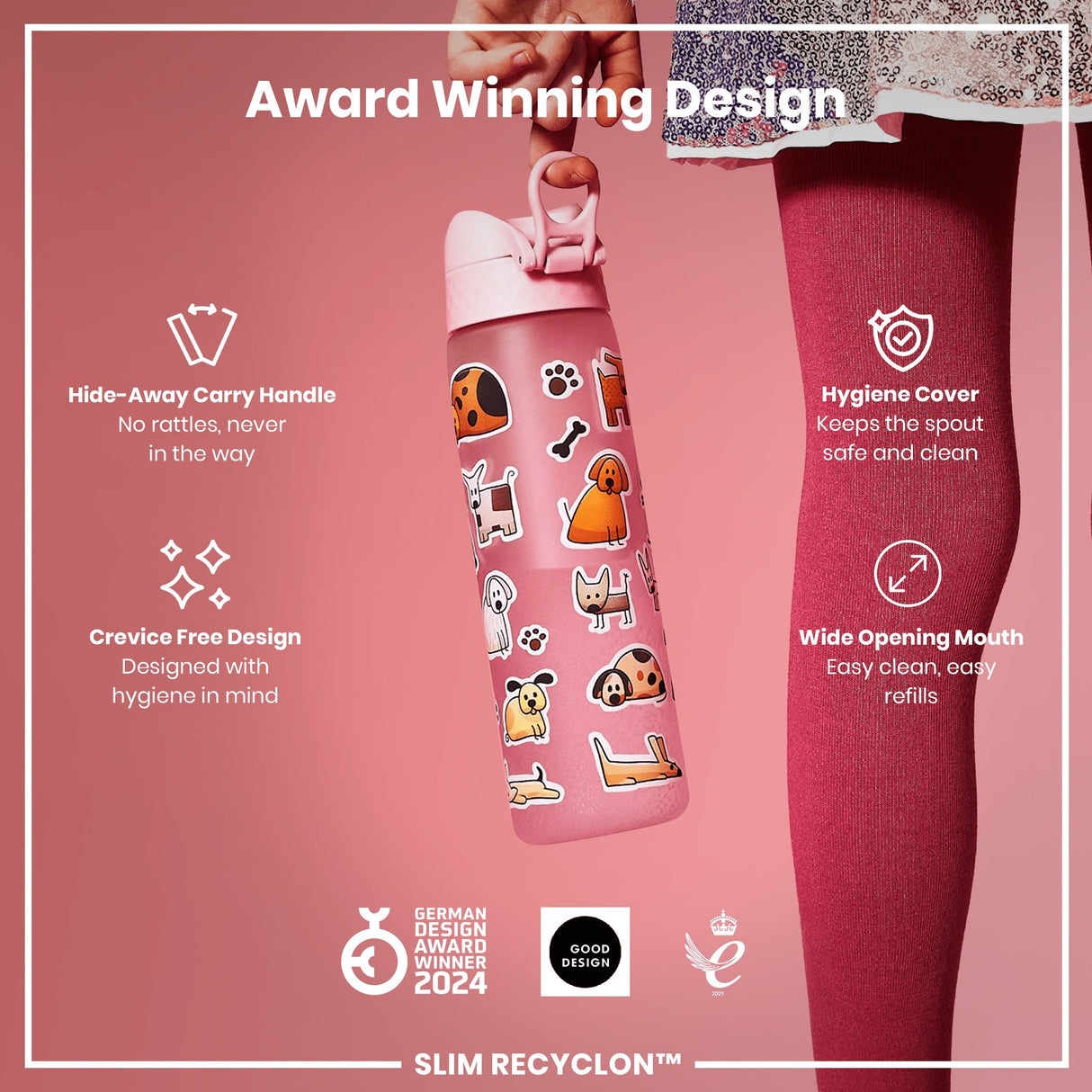 ION8 Leak Proof Slim Water Bottle, Recyclon, Dogs, 500ml (18oz)