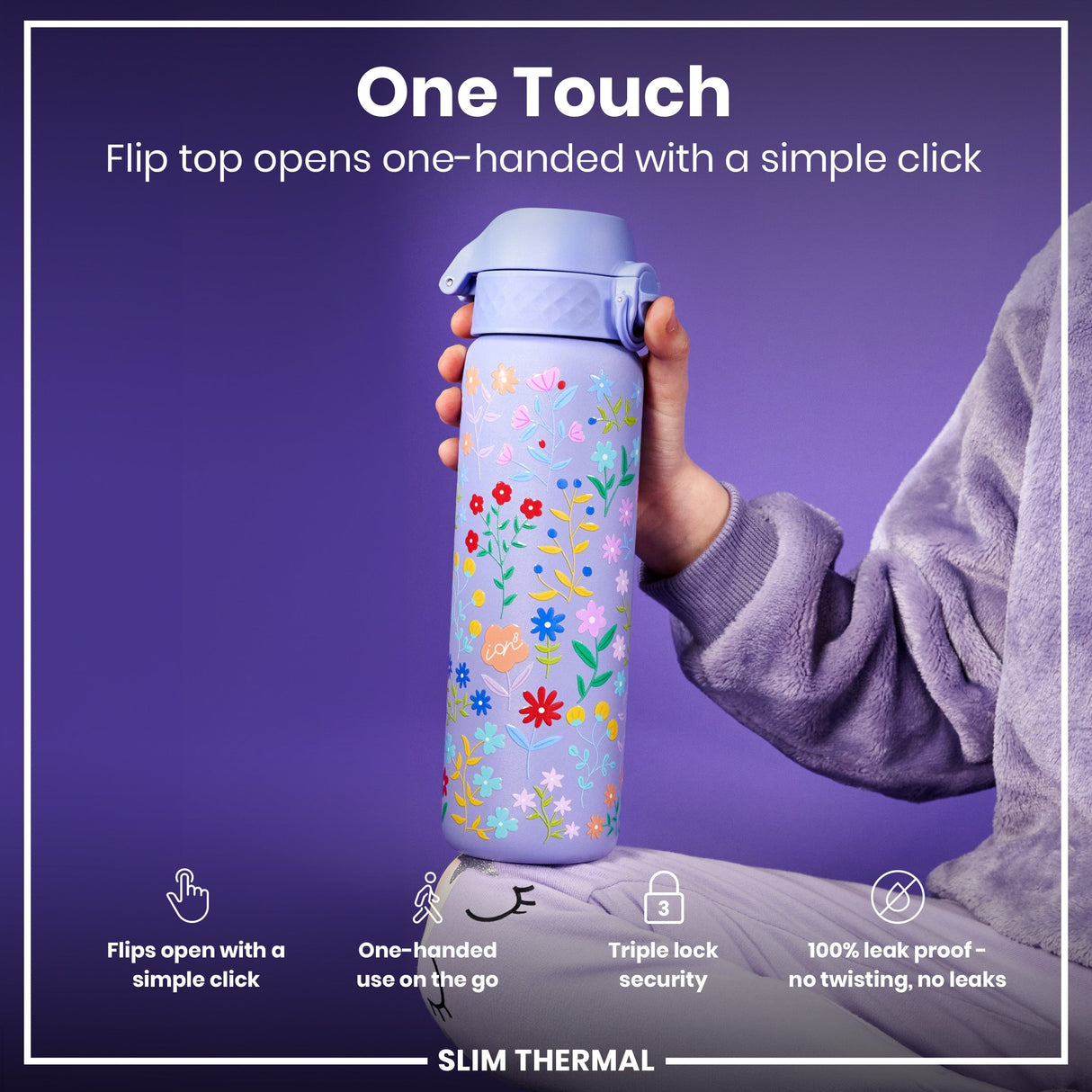 ION8 Leak Proof Slim Thermal Water Bottle, Insulated Steel, Ditsy Floral, 500ml (17oz)