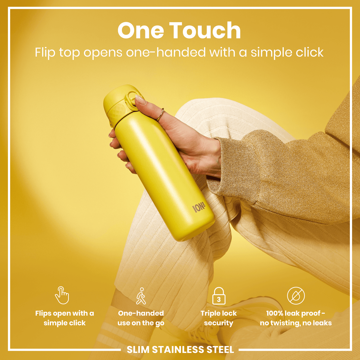 ION8 Leak Proof Slim Water Bottle, Stainless Steel, Yellow, 600ml (20oz)