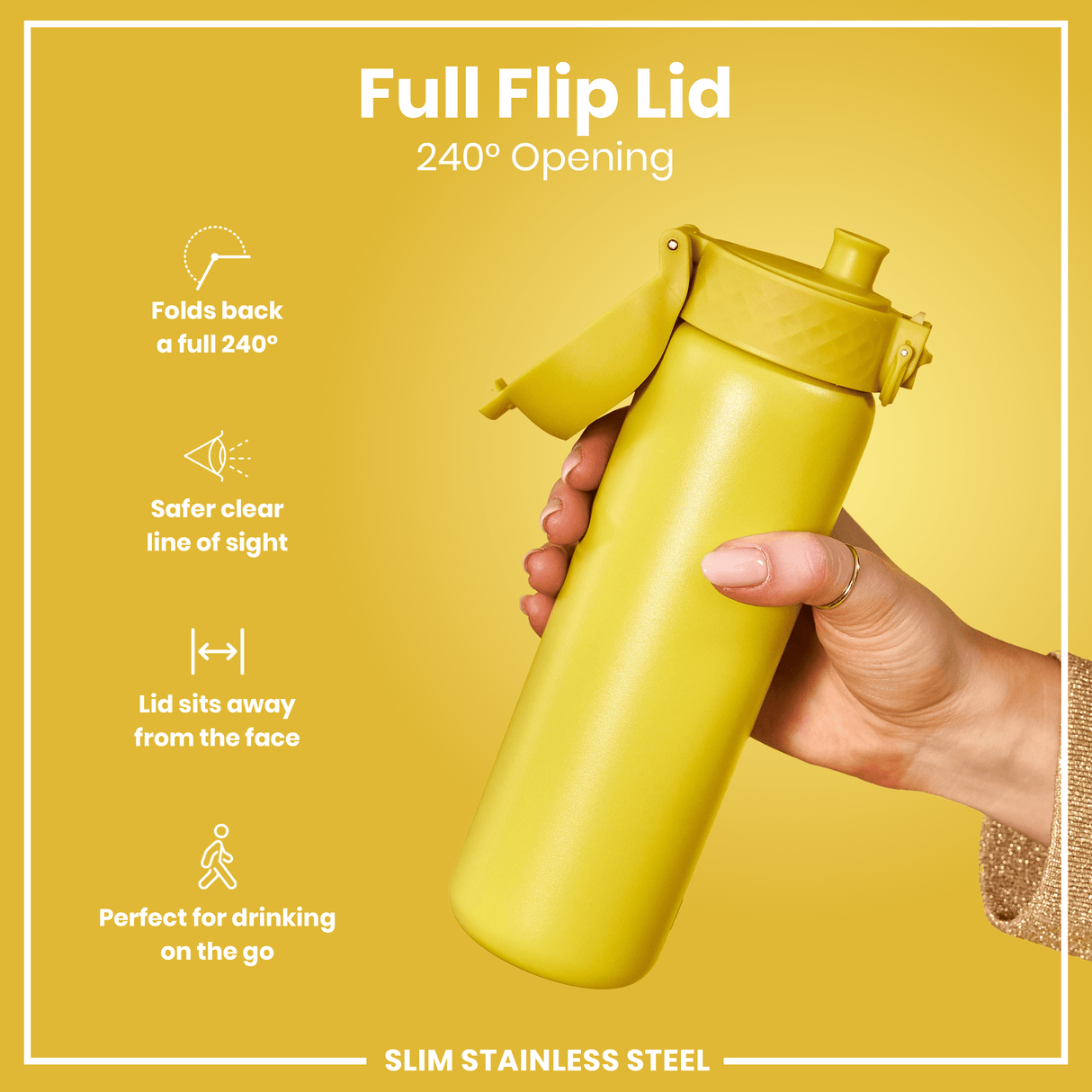ION8 Leak Proof Slim Water Bottle, Stainless Steel, Yellow, 600ml (20oz)