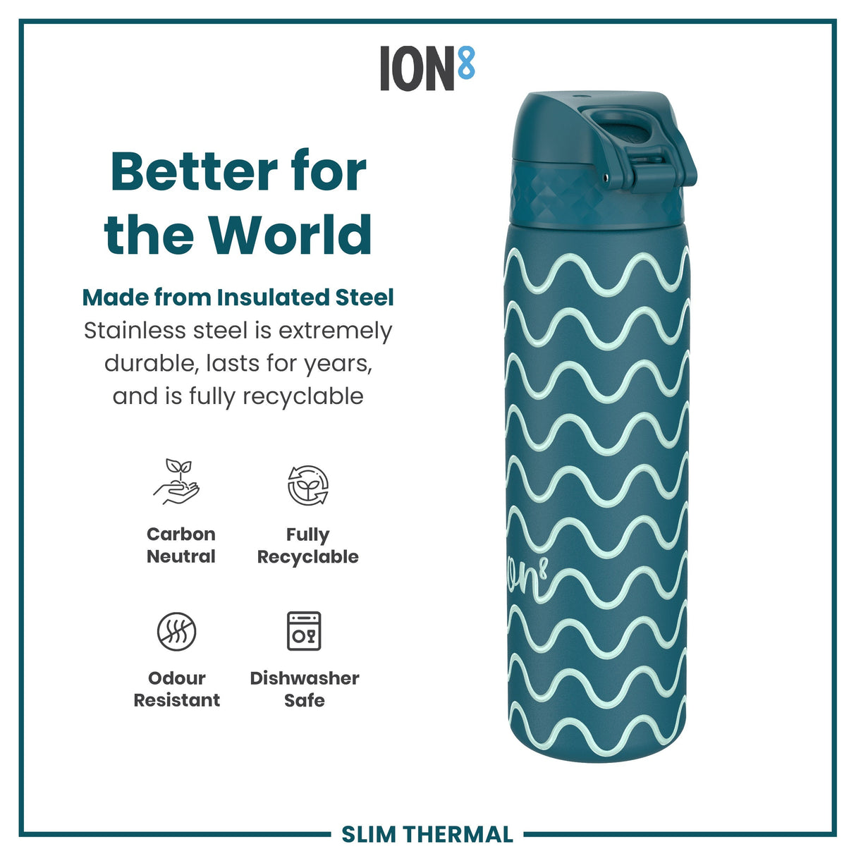 ION8 Leak Proof Slim Thermal Water Bottle, Insulated Steel, Wave, 500ml (17oz)
