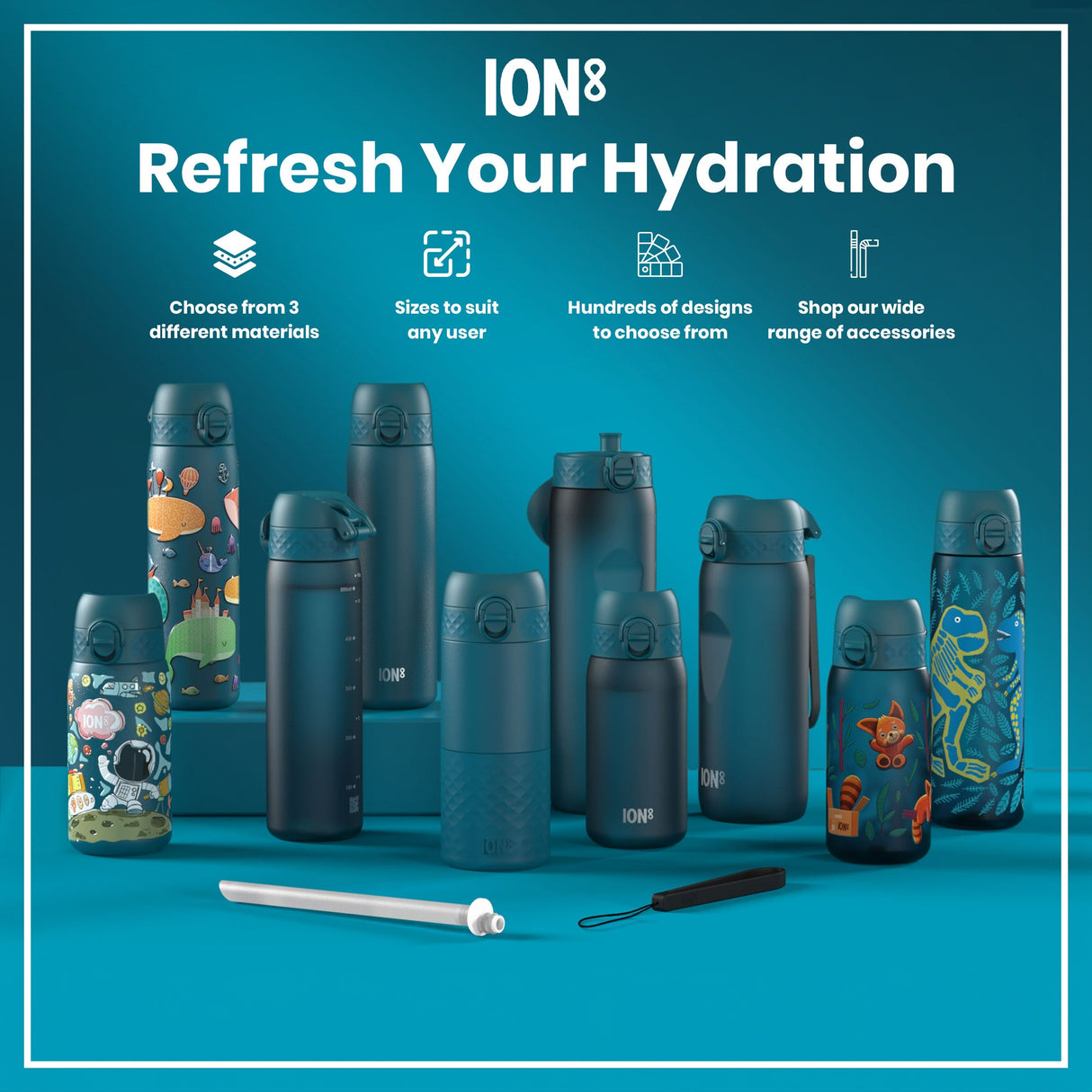 ION8 Leak Proof Slim Thermal Water Bottle, Insulated Steel, Wave, 500ml (17oz)