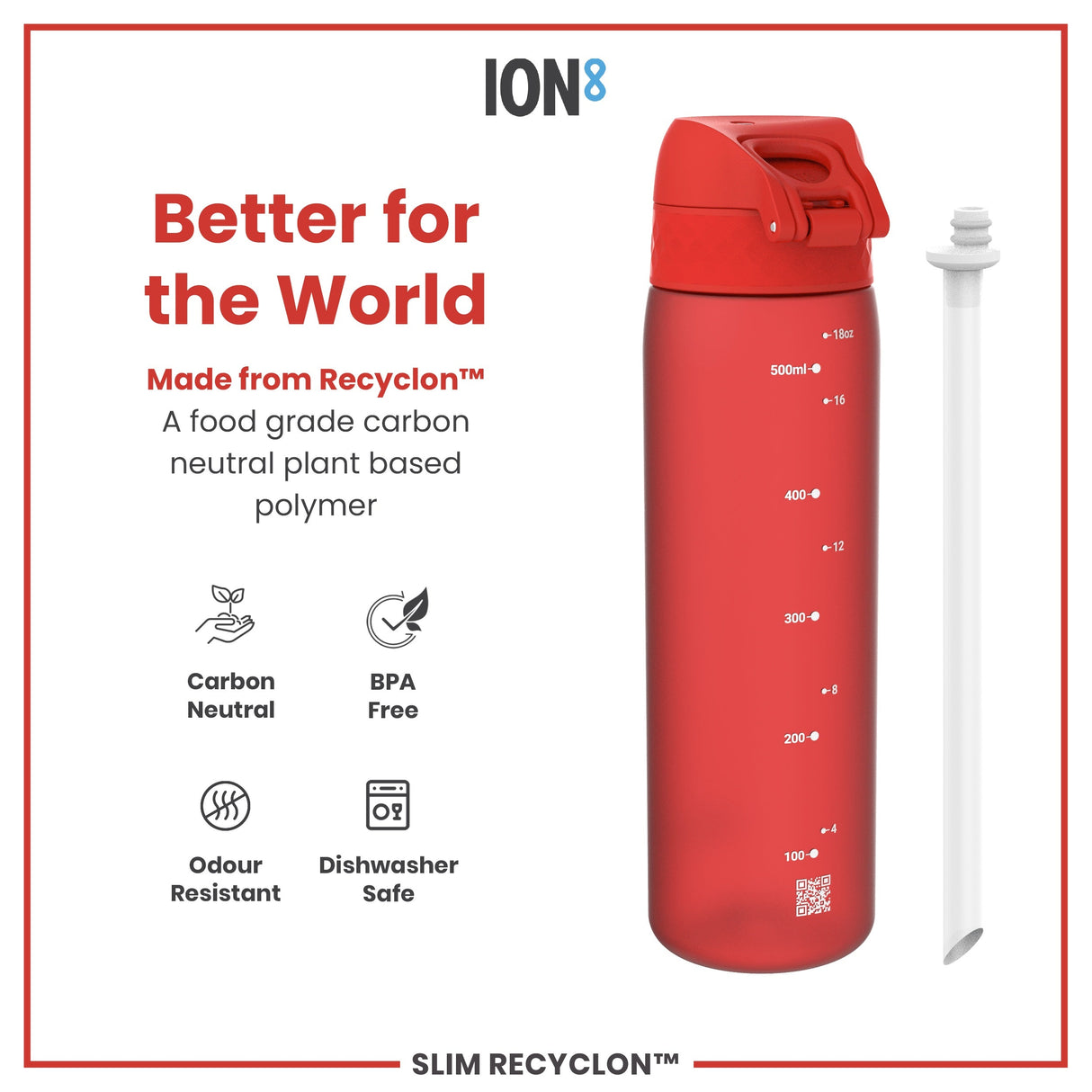 ION8 Leak Proof Medium Water Bottle with Straw, Recyclon, Red, 500ml (18oz)