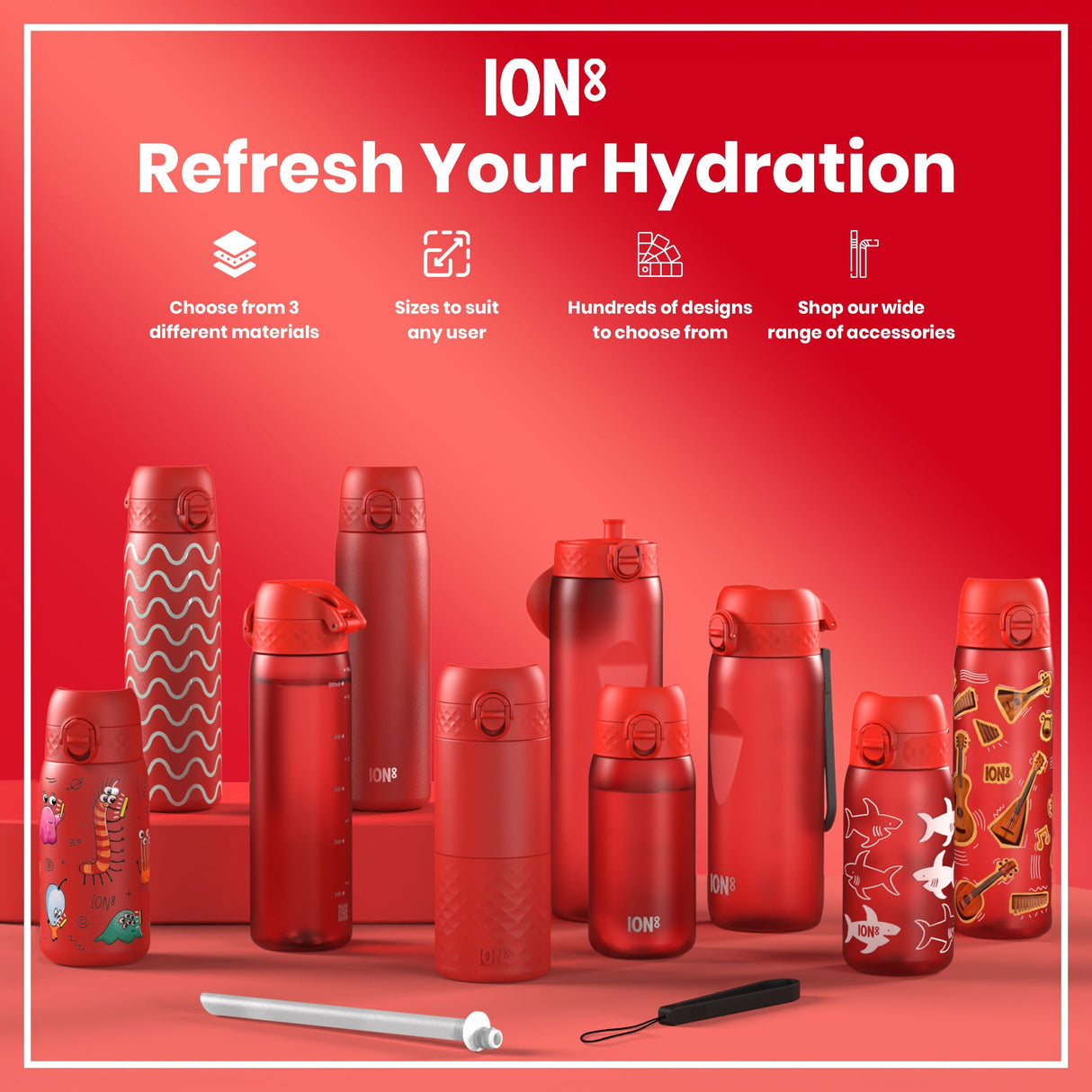 ION8 Leak Proof Medium Water Bottle with Straw, Recyclon, Red, 500ml (18oz)