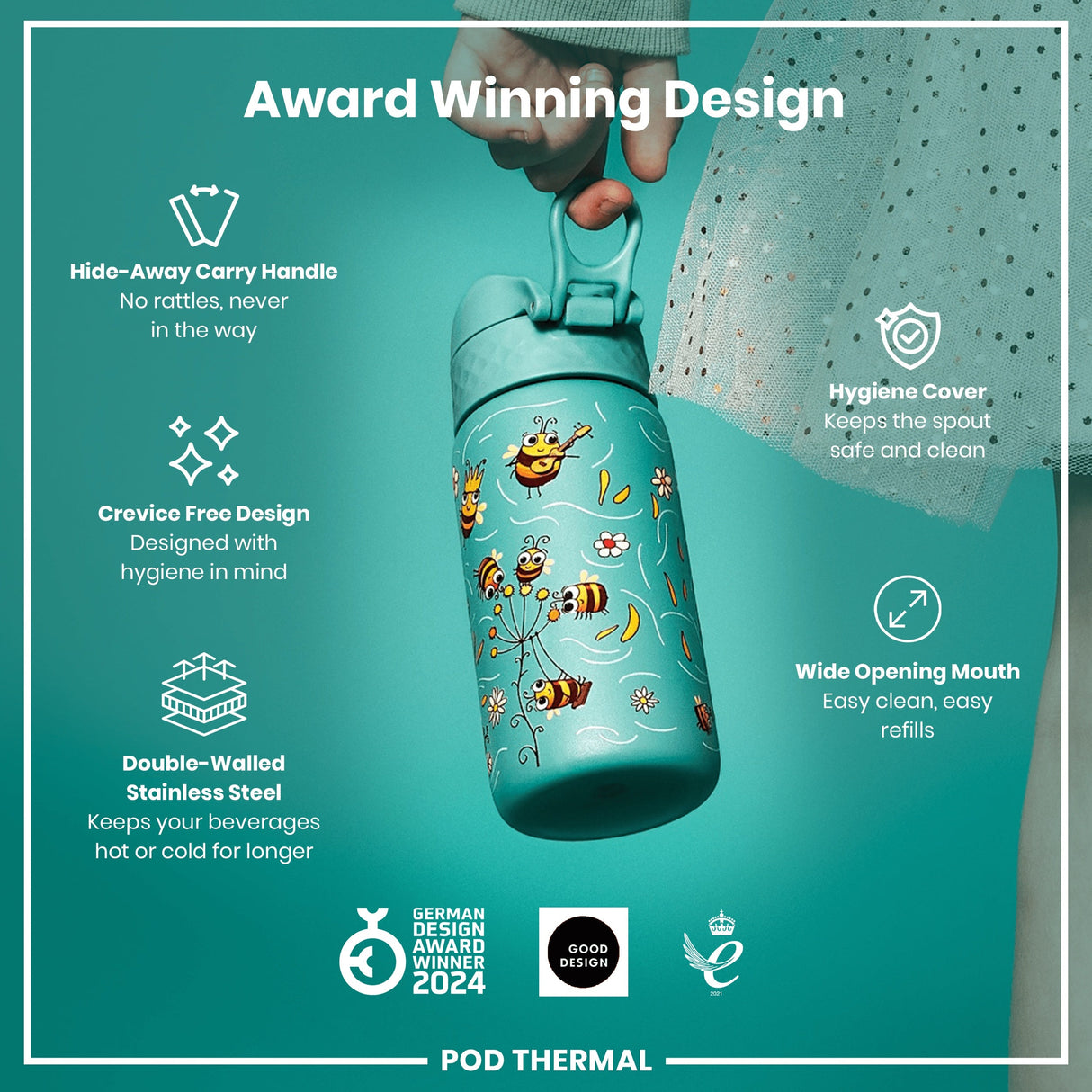 ION8 Leak Proof Thermal Steel Water Bottle, Insulated, Bees, 320ml (11oz)