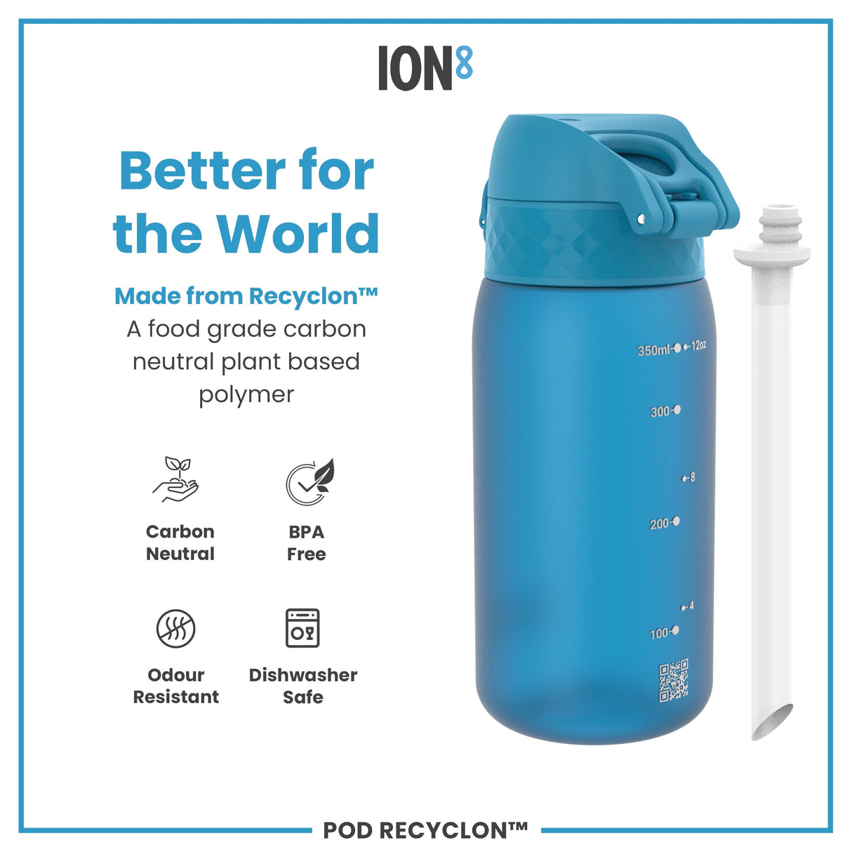 ION8 Leak Proof Small Water Bottle With Straw, Recyclon, Blue, 350ml (12oz)