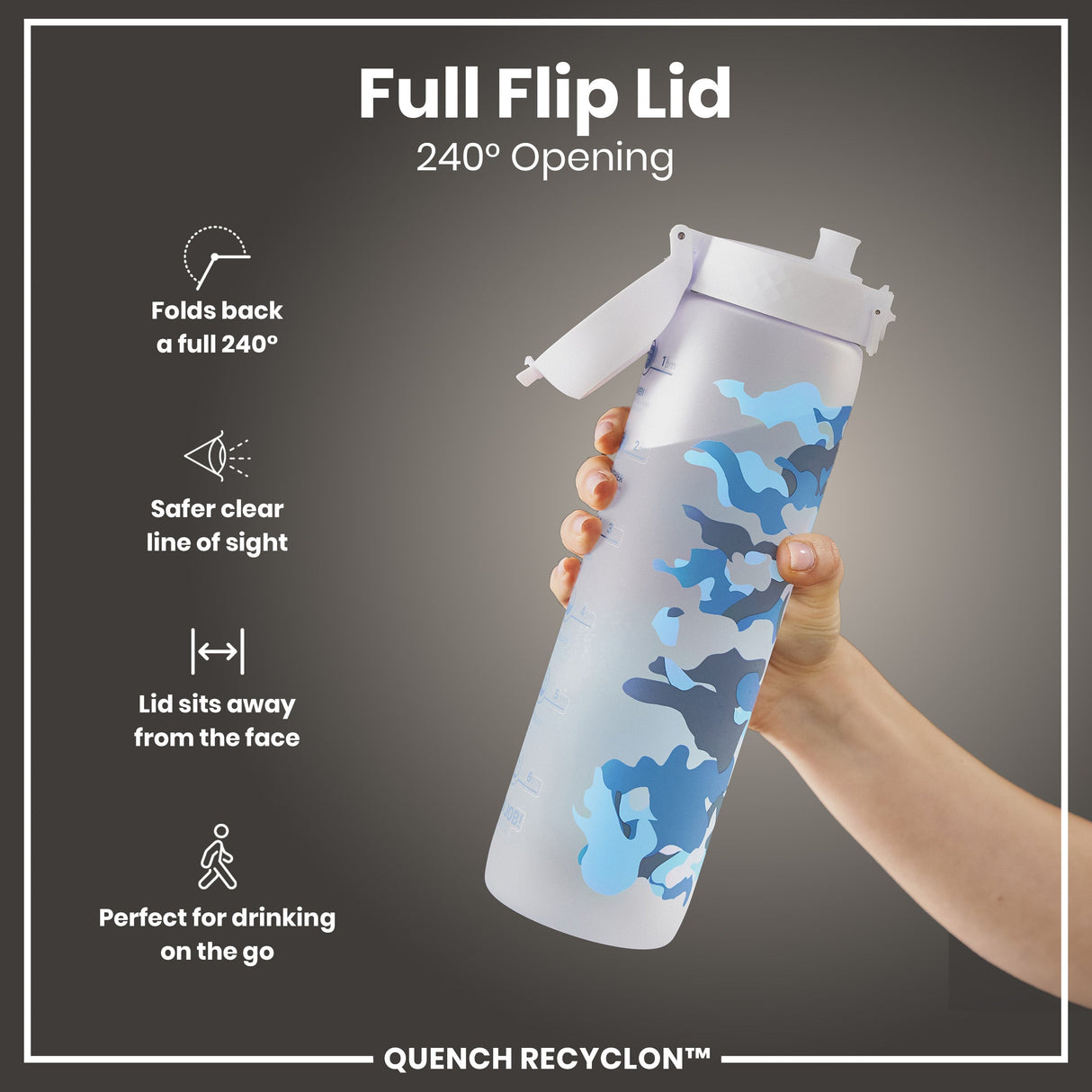 ION8 Leak Proof 1 Litre Water Bottle with Times to Drink, Recyclon, Camouflage, 1L