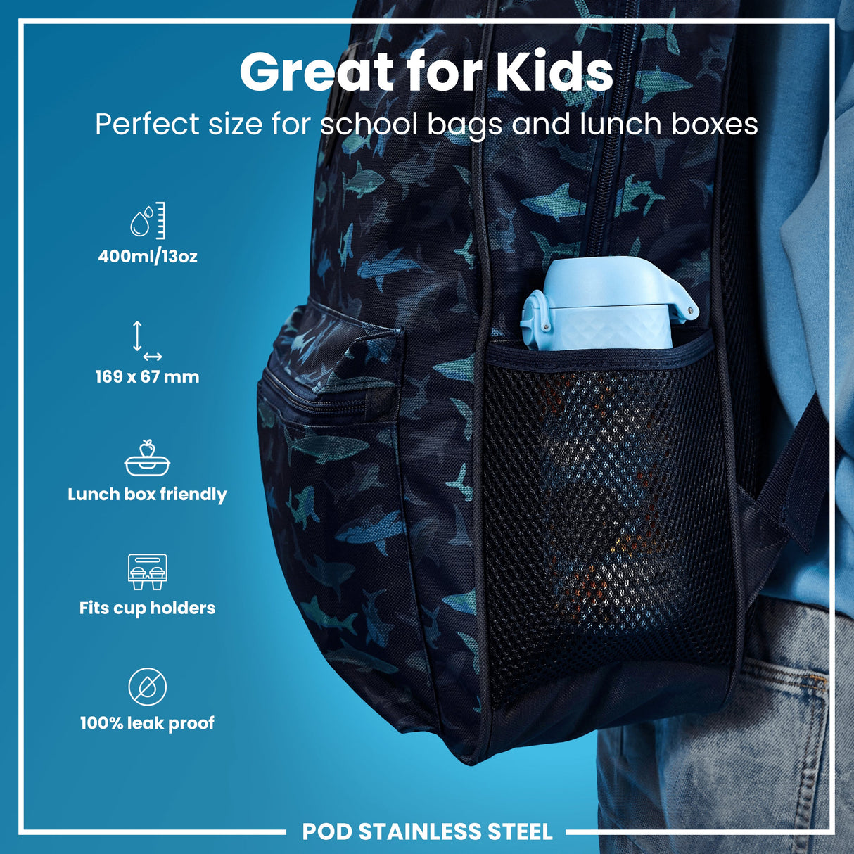 ION8 Leak Proof Kids Water Bottle, Stainless Steel, Safari, 400ml (13oz)