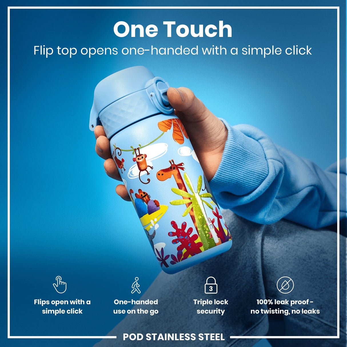 ION8 Leak Proof Kids Water Bottle, Stainless Steel, Safari, 400ml (13oz)