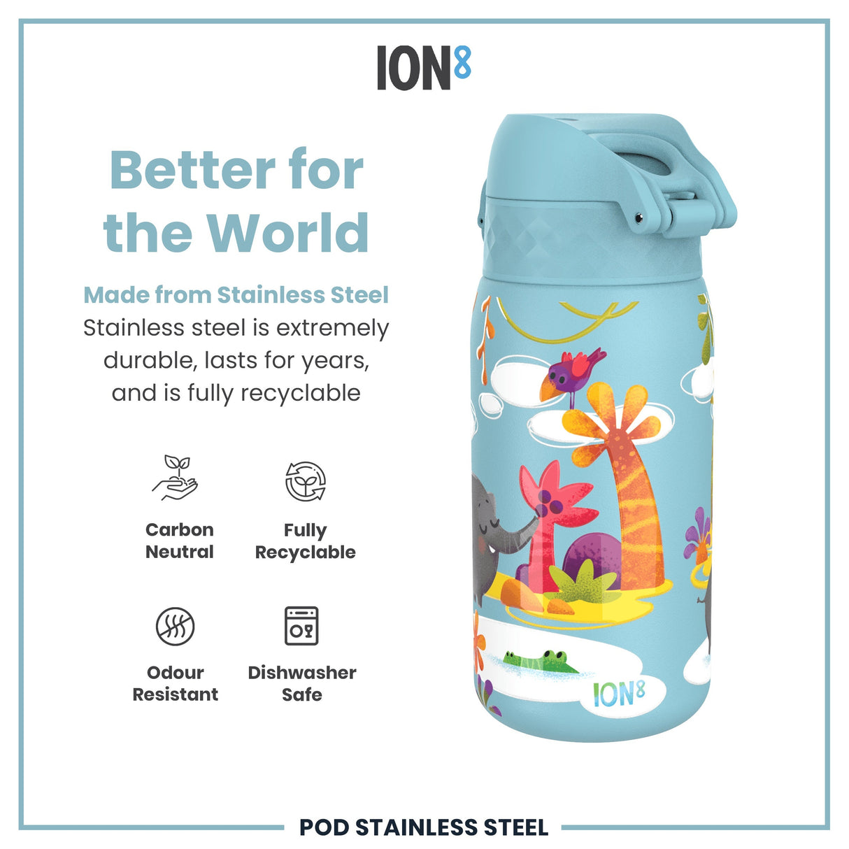 ION8 Leak Proof Kids Water Bottle, Stainless Steel, Safari, 400ml (13oz)