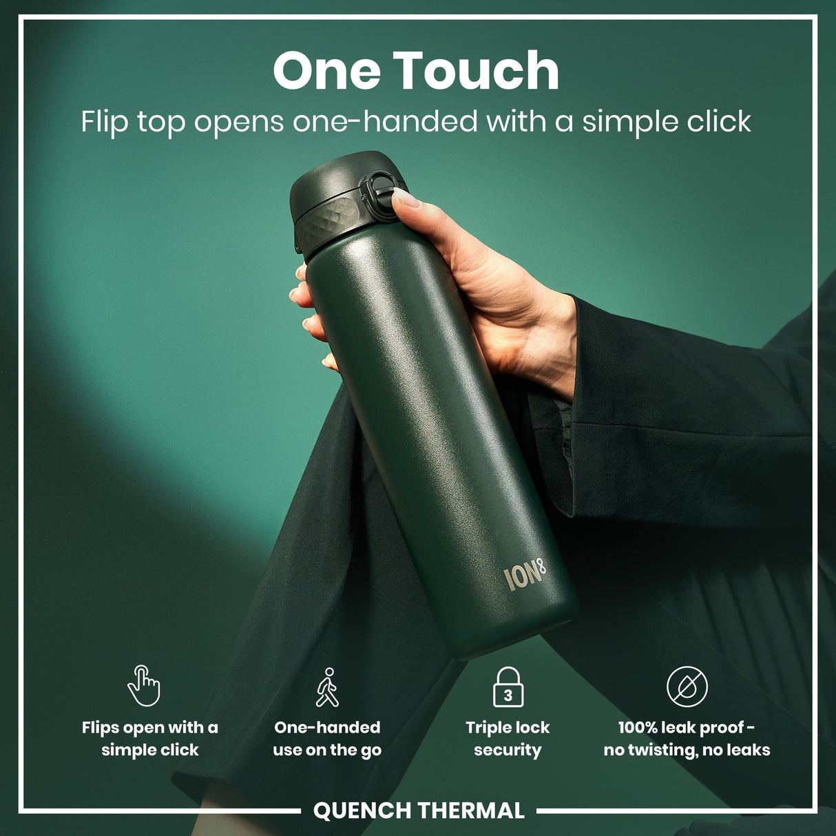 ION8 Leak Proof 1 Litre Thermal Water Bottle, Insulated Steel, Dark Green, 1L