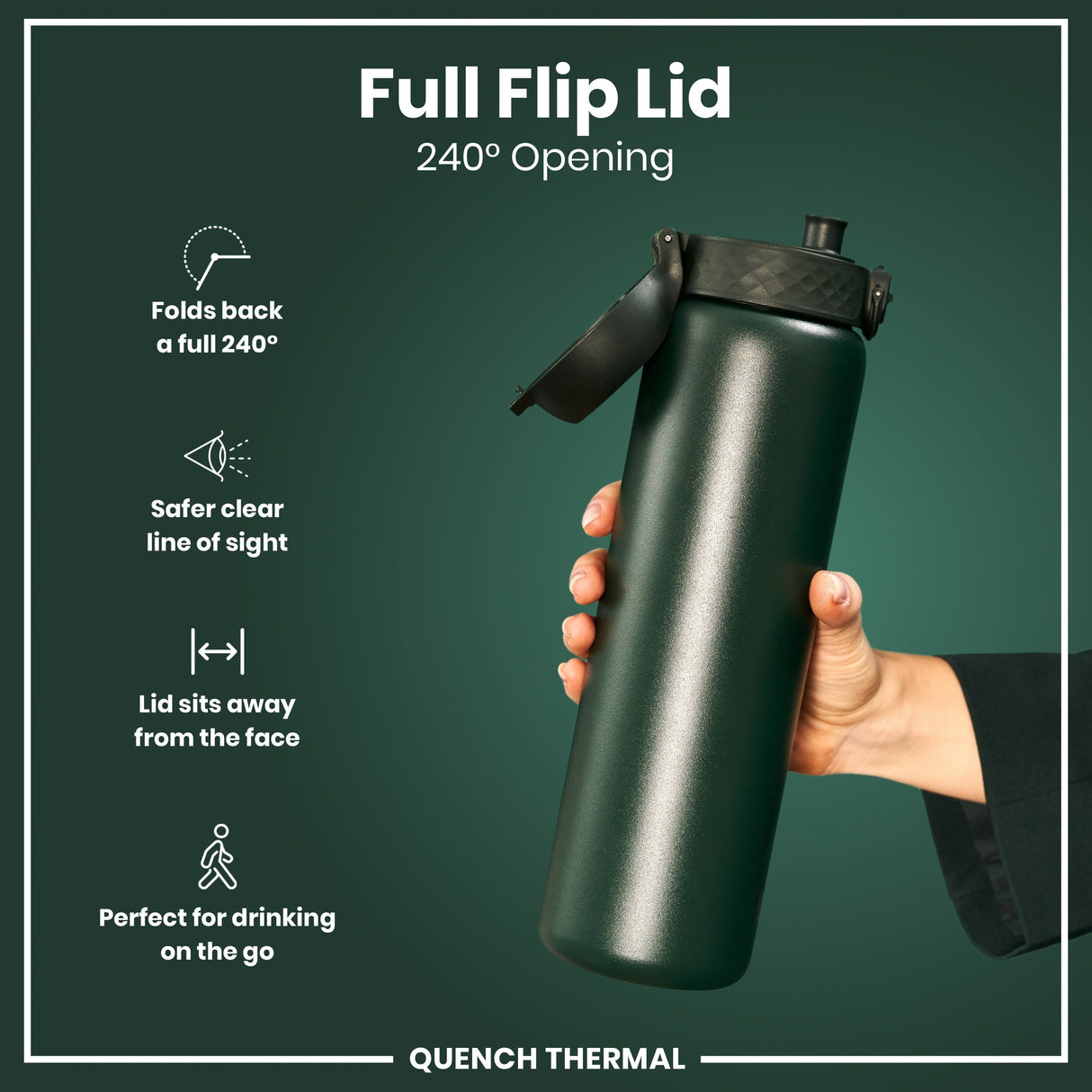 ION8 Leak Proof 1 Litre Thermal Water Bottle, Insulated Steel, Dark Green, 1L