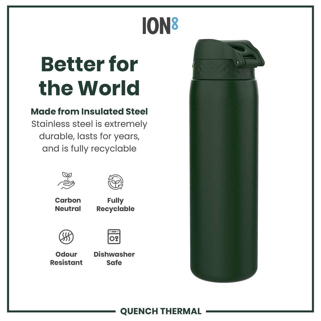 ION8 Leak Proof 1 Litre Thermal Water Bottle, Insulated Steel, Dark Green, 1L