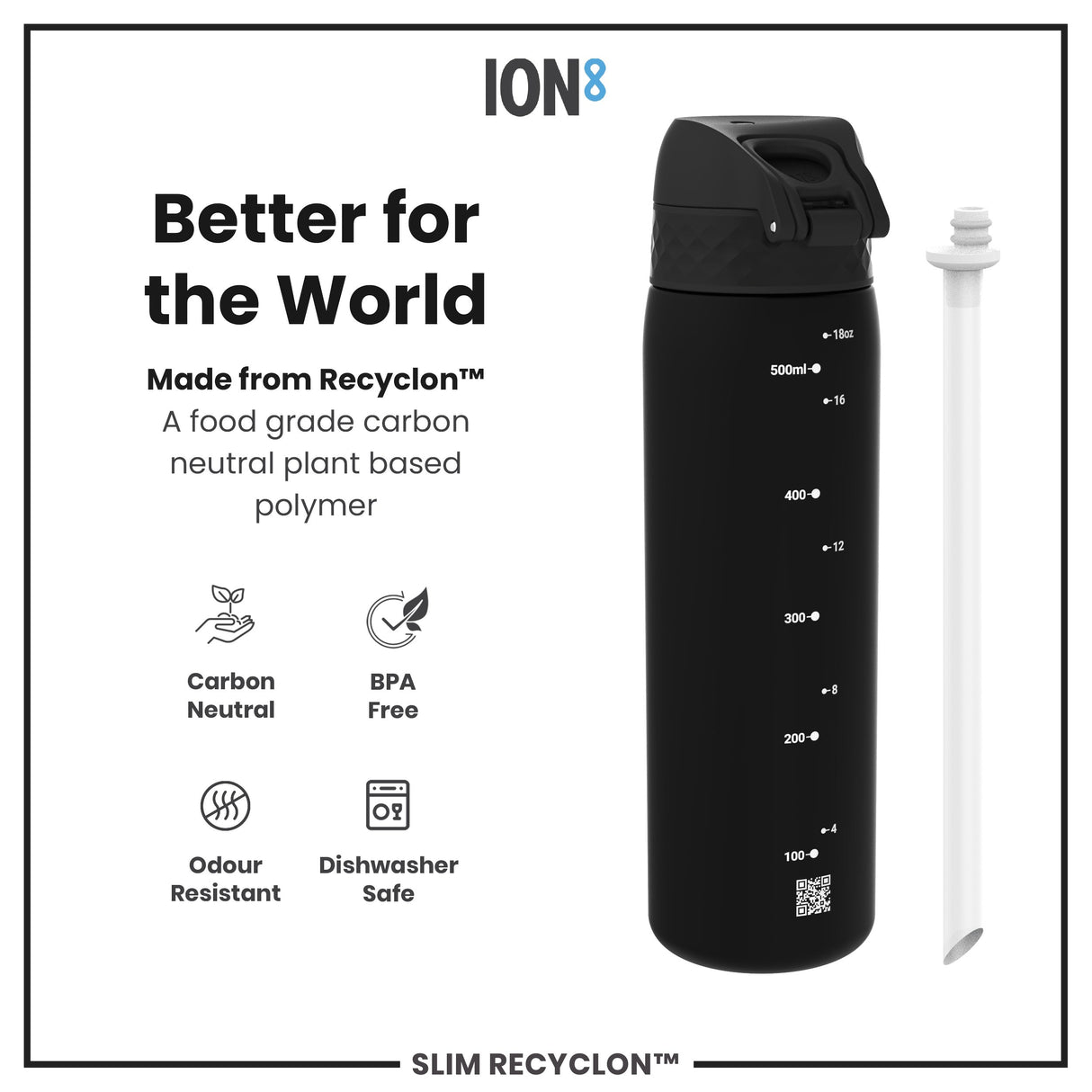 ION8 Leak Proof Medium Water Bottle with Straw, Recyclon, Black, 500ml (18oz)