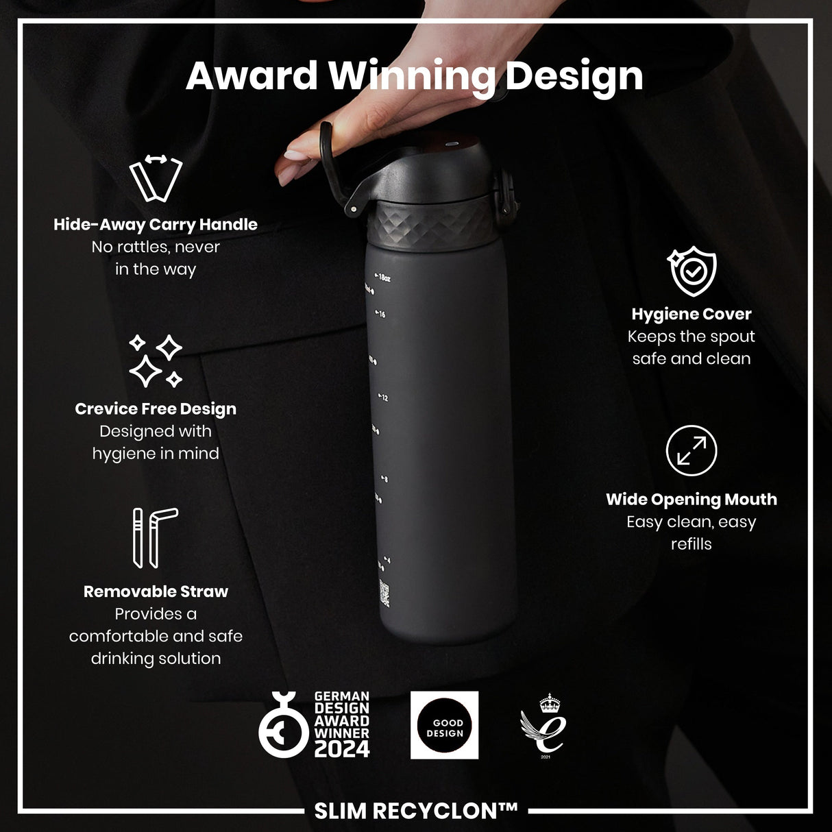 ION8 Leak Proof Medium Water Bottle with Straw, Recyclon, Black, 500ml (18oz)