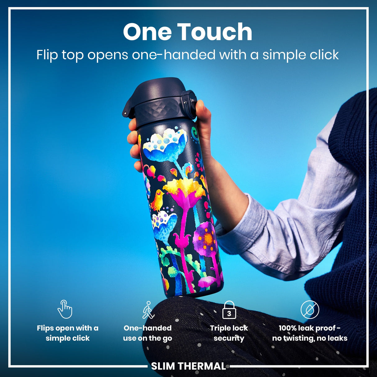 ION8 Leak Proof Slim Thermal Water Bottle, Insulated Steel, Bright Floral, 500ml (17oz)