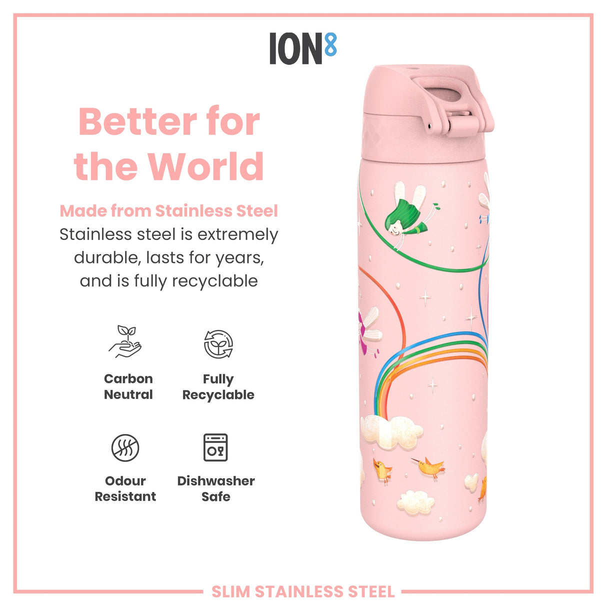 ION8 Leak Proof Slim Water Bottle, Stainless Steel, Fairies, 600ml (20oz)