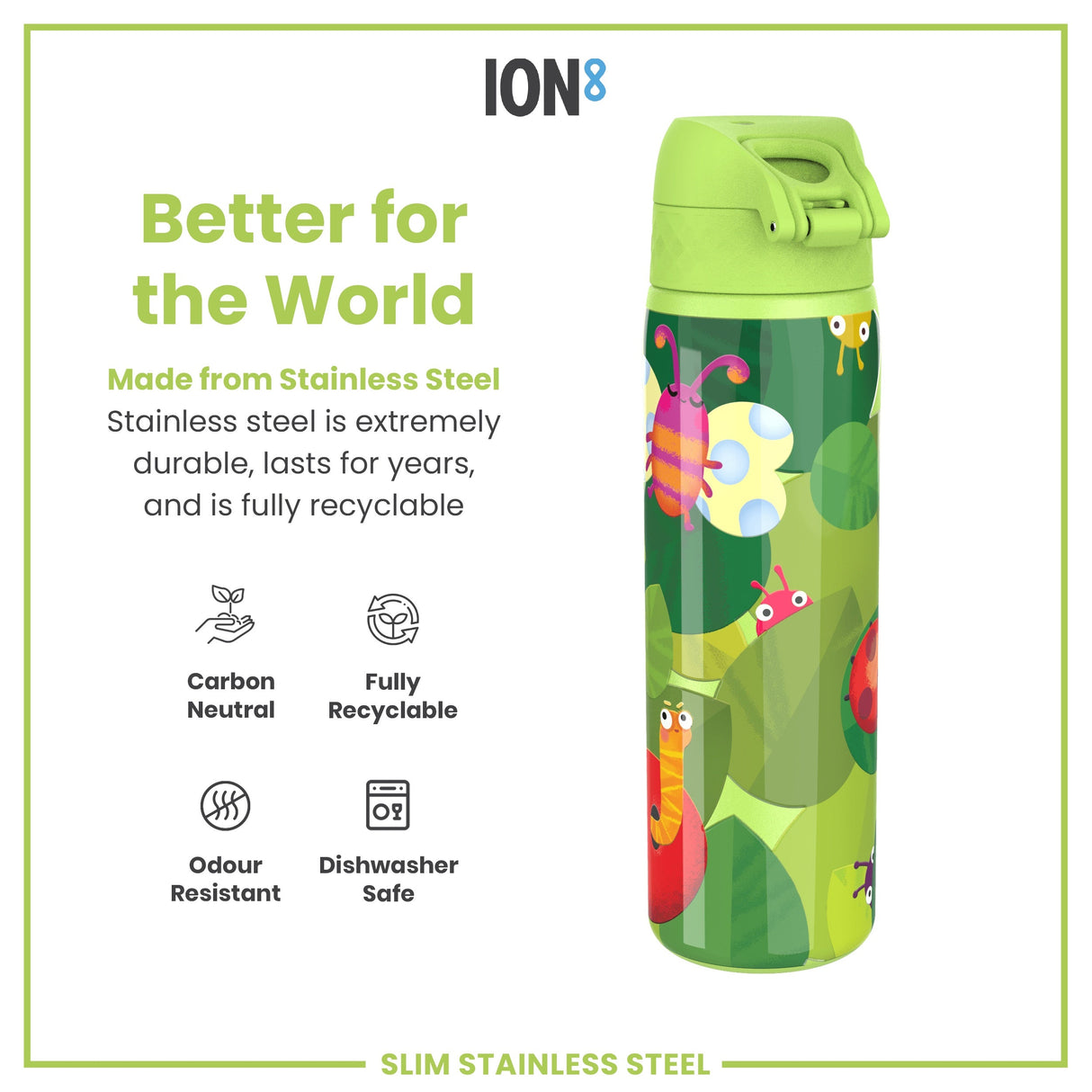 ION8 Leak Proof Slim Water Bottle, Stainless Steel, Bugs Life, 600ml (20oz)