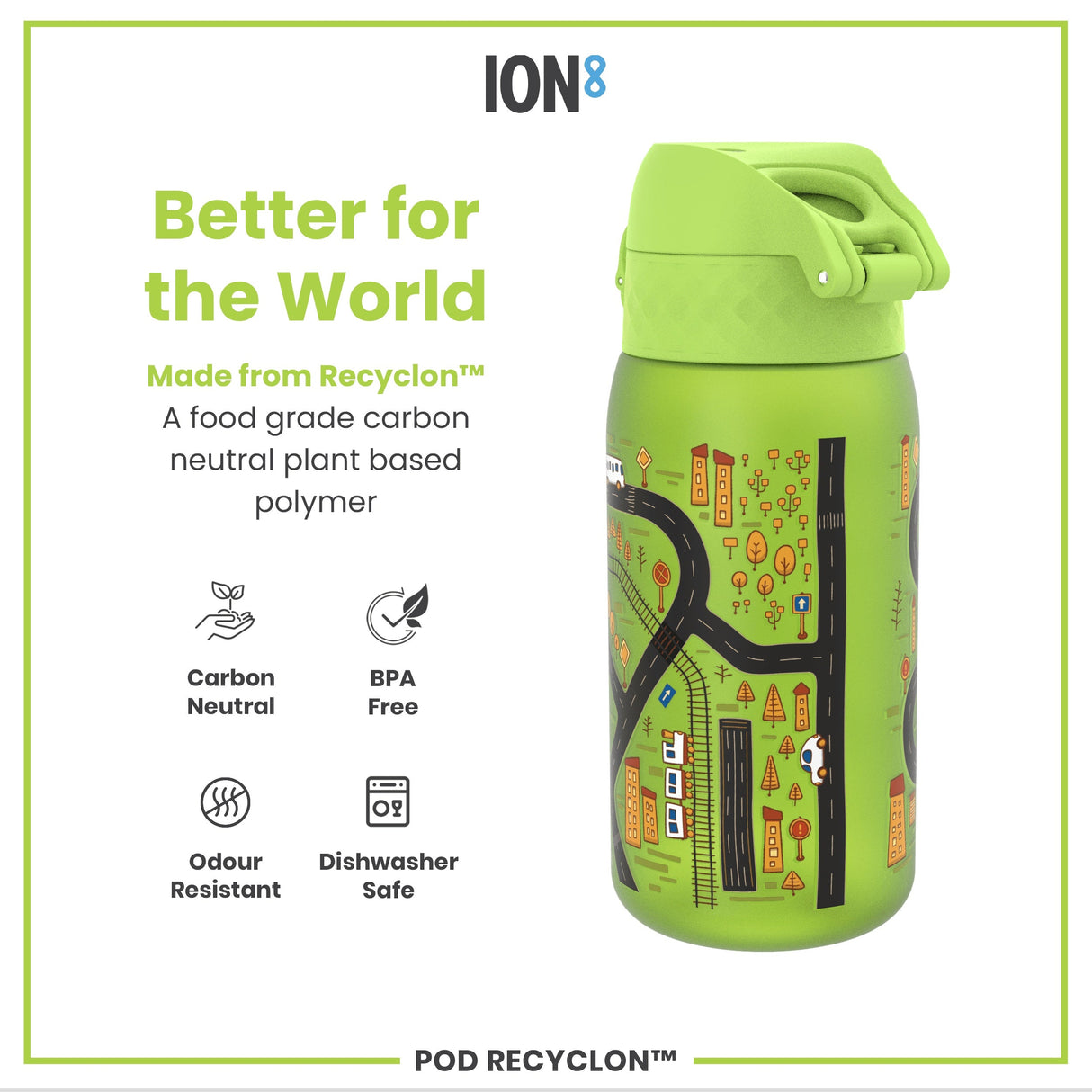 ION8 Leak Proof Kids Water Bottle, Recyclon, Cars, 350ml (12oz)