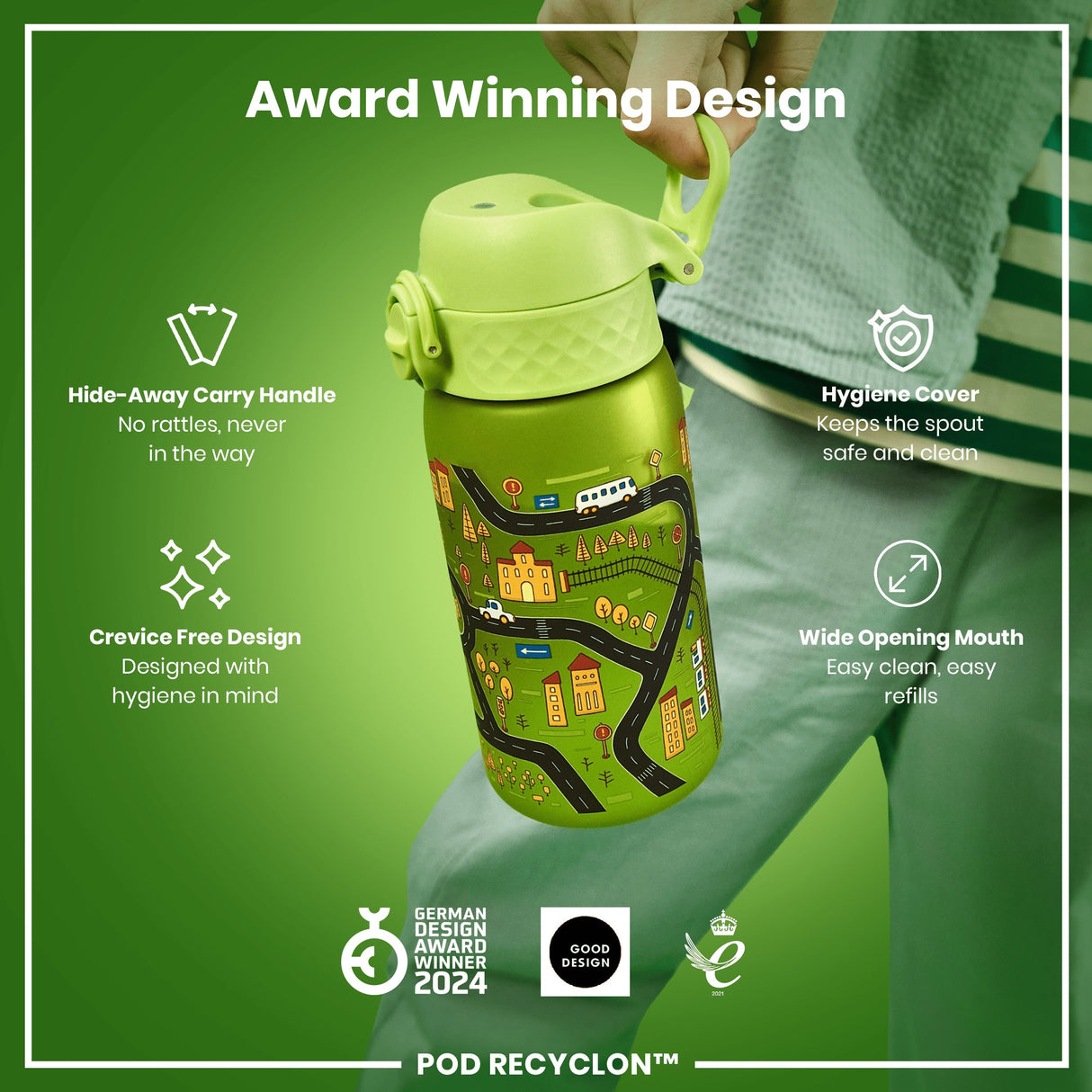 ION8 Leak Proof Kids Water Bottle, Recyclon, Cars, 350ml (12oz)