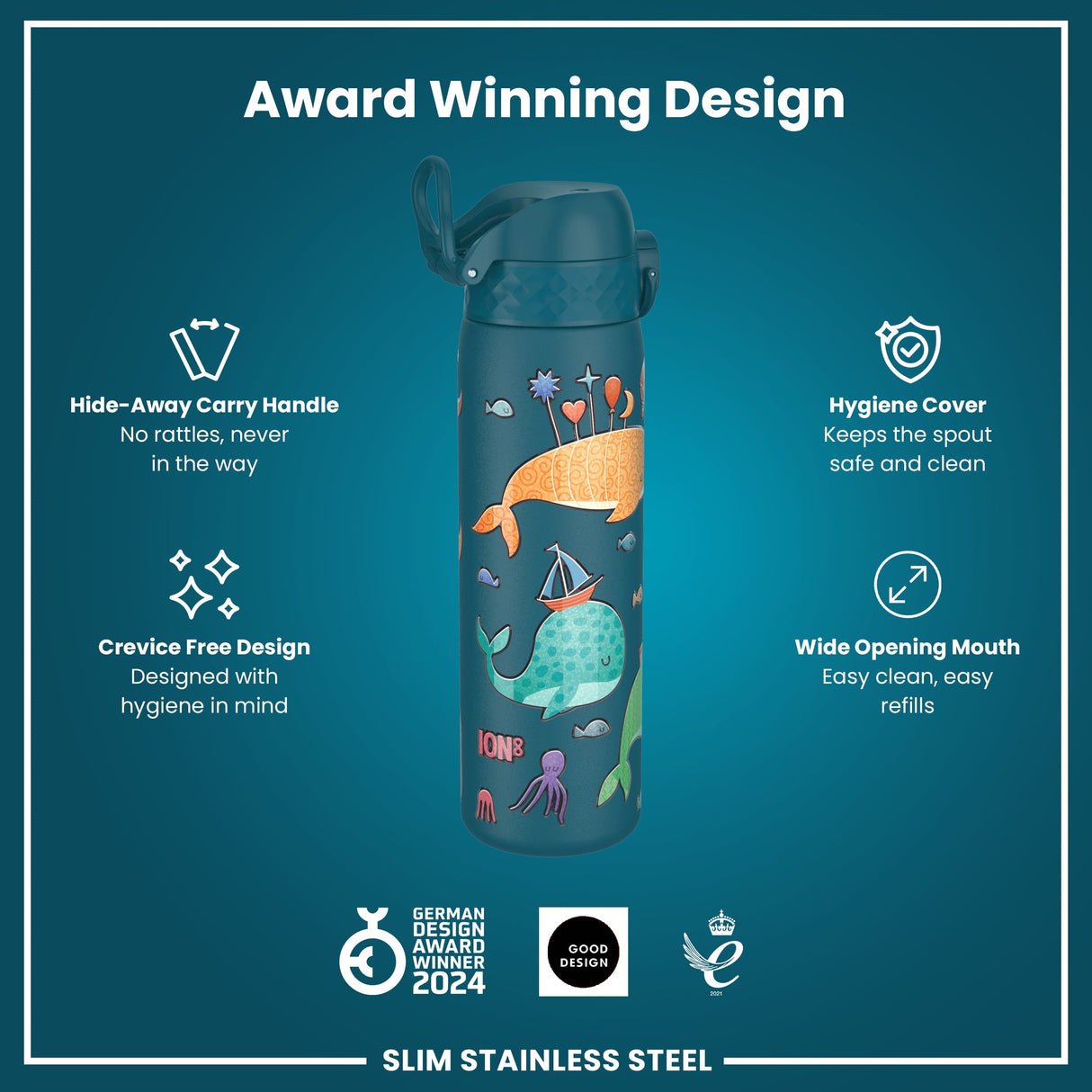 ION8 Leak Proof Slim Water Bottle, Stainless Steel, Whales, 600ml (20oz)