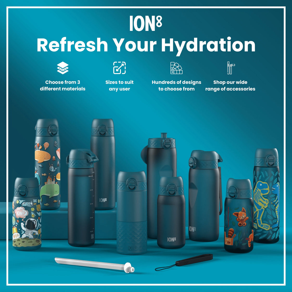 ION8 Leak Proof Slim Water Bottle, Stainless Steel, Whales, 600ml (20oz)