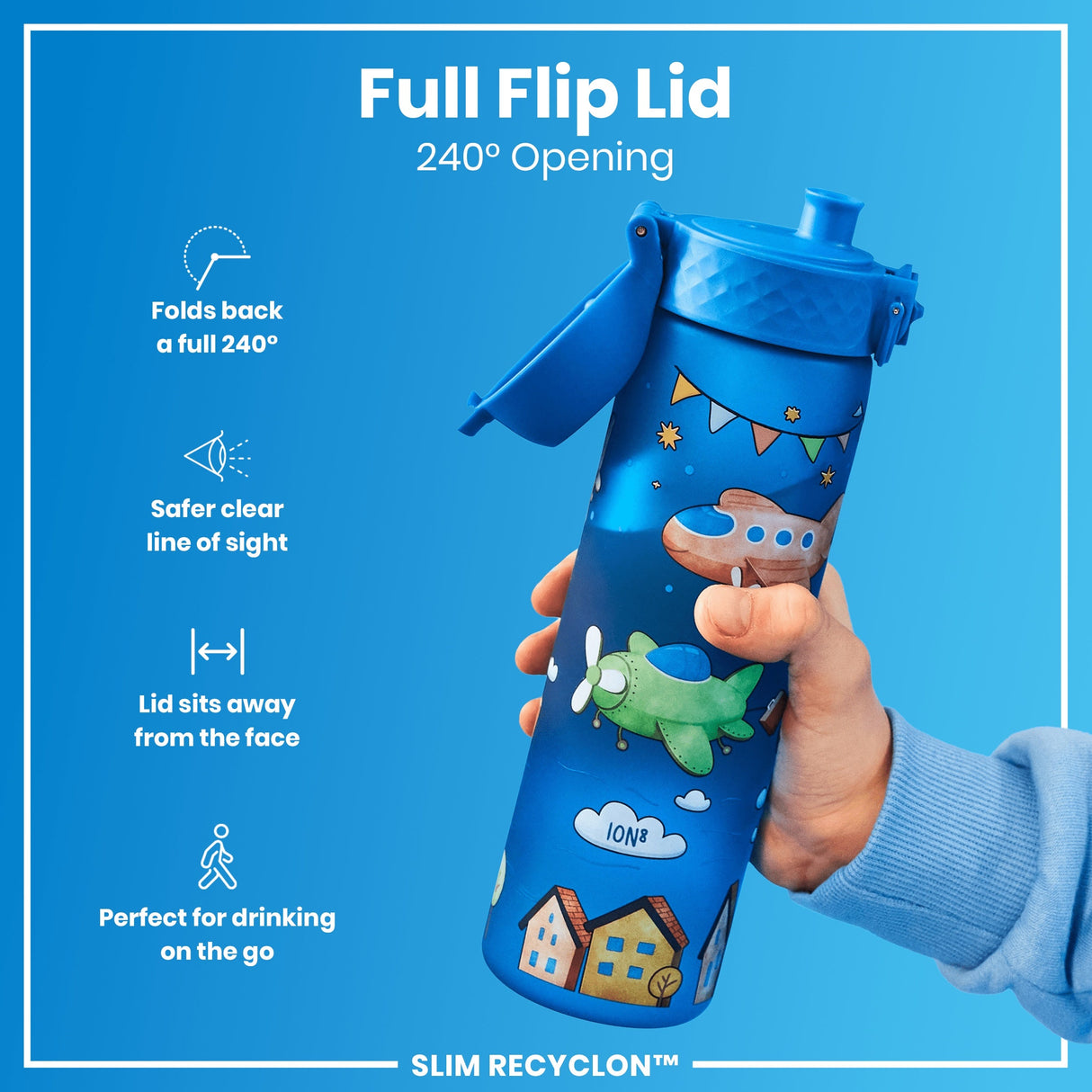 ION8 Leak Proof Slim Water Bottle, Recyclon, Airplanes, 500ml (18oz)