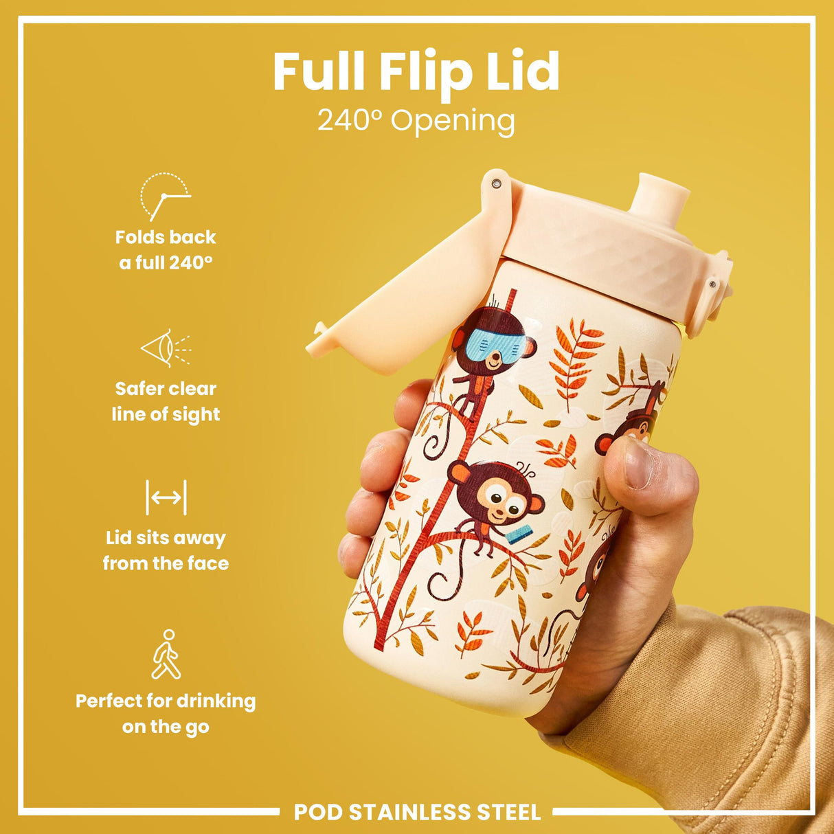 ION8 Leak Proof Kids Water Bottle, Stainless Steel, Monkeys, 400ml (13oz)