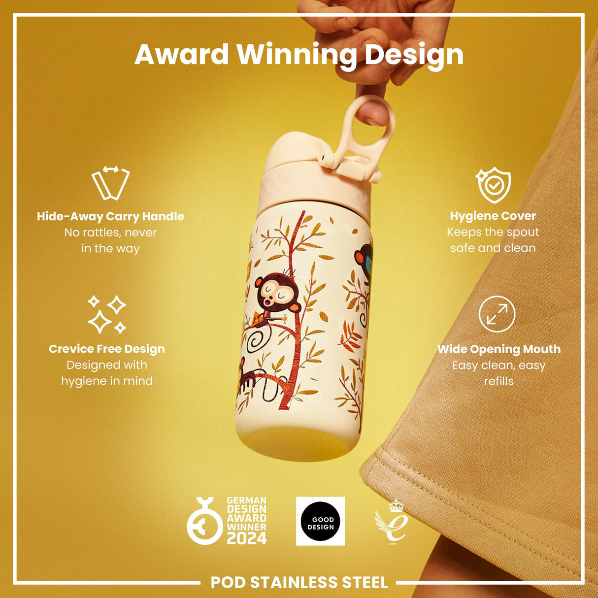 ION8 Leak Proof Kids Water Bottle, Stainless Steel, Monkeys, 400ml (13oz)