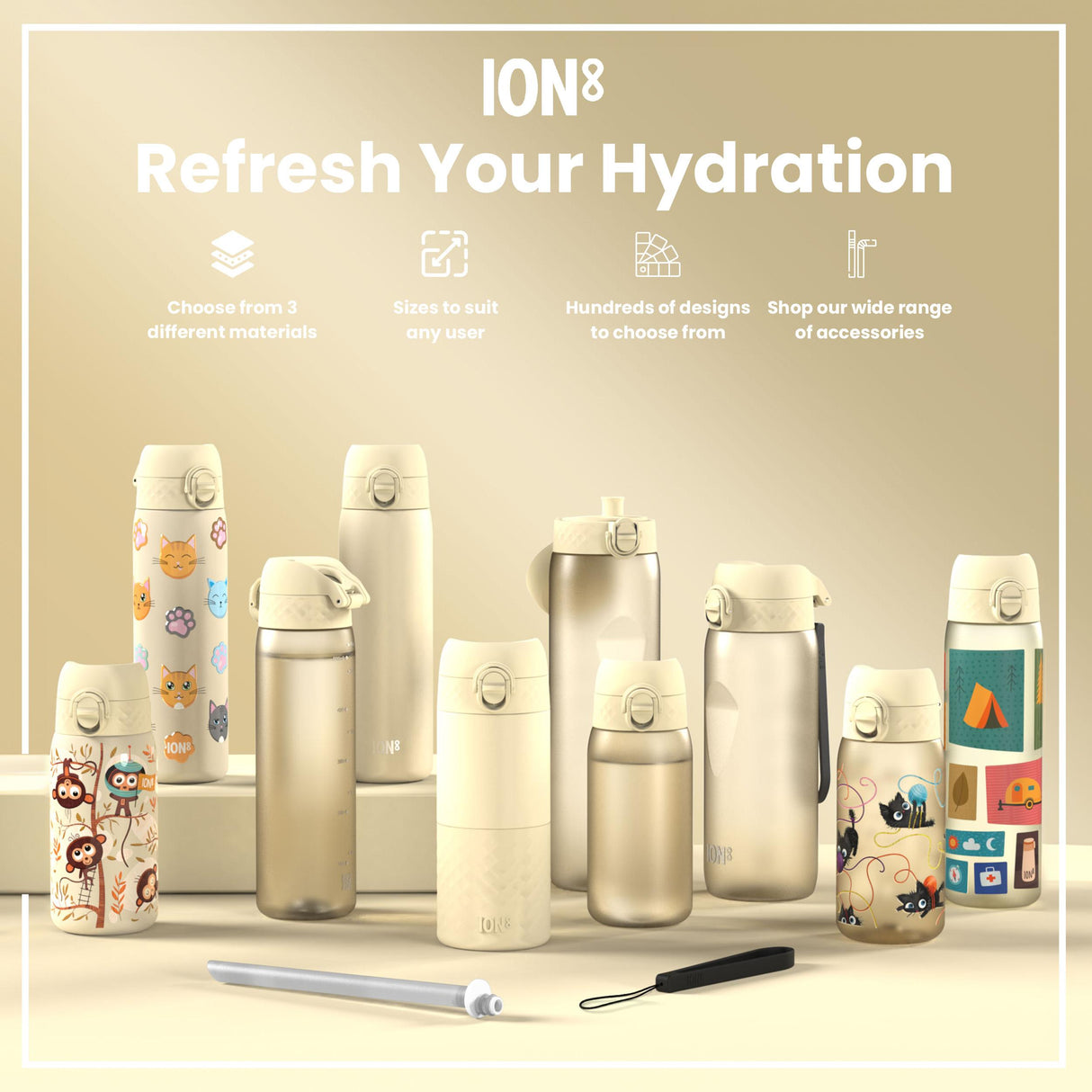 ION8 Leak Proof Kids Water Bottle, Stainless Steel, Monkeys, 400ml (13oz)