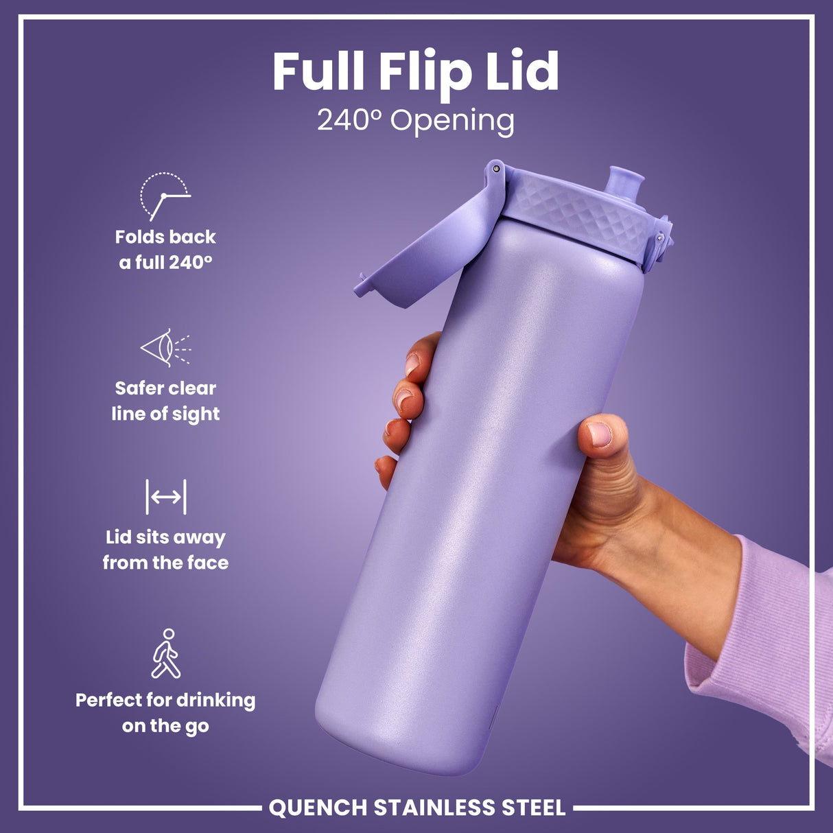 ION8 Leak Proof 1 Litre Water Bottle, Stainless Steel, Light Purple, 1L