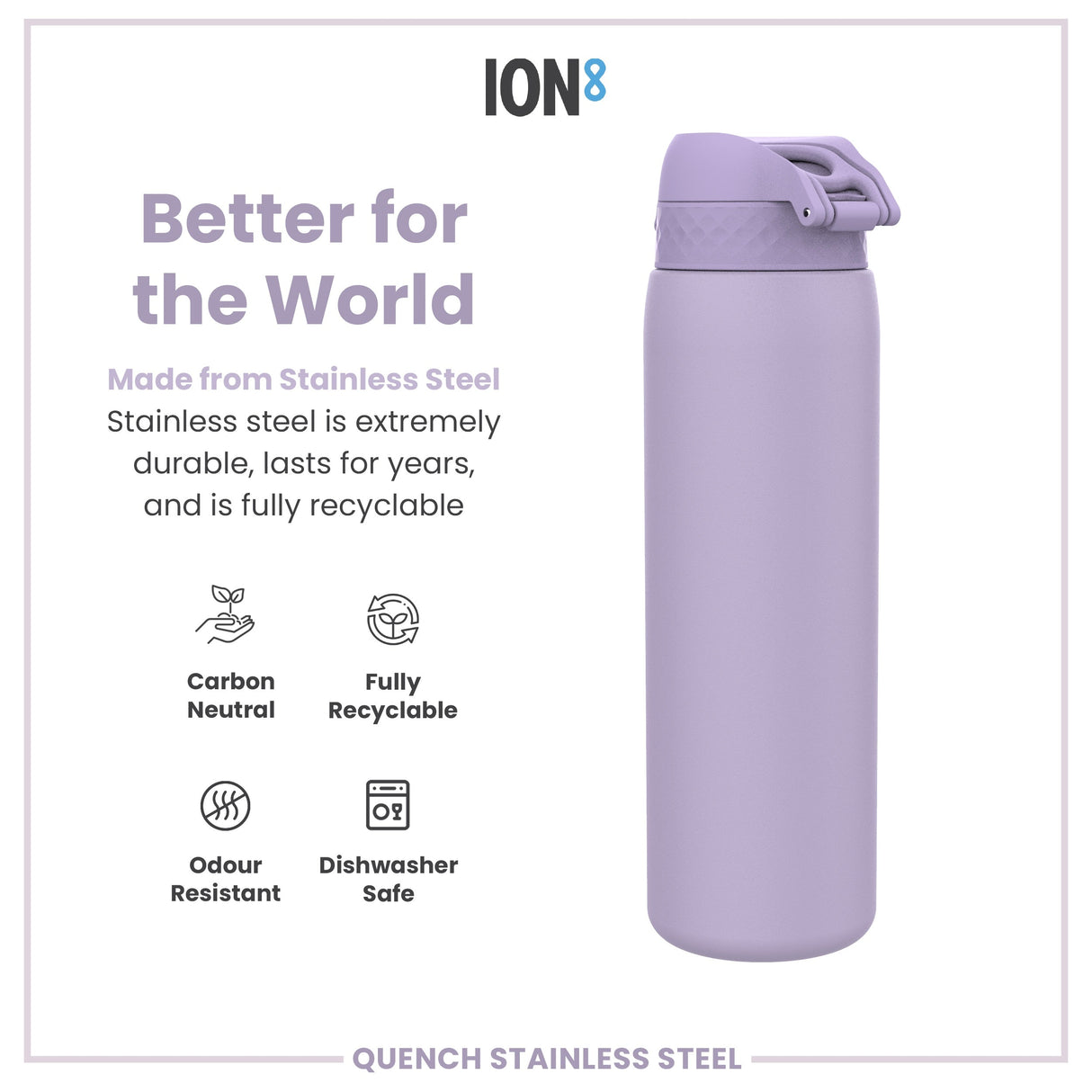 ION8 Leak Proof 1 Litre Water Bottle, Stainless Steel, Light Purple, 1L